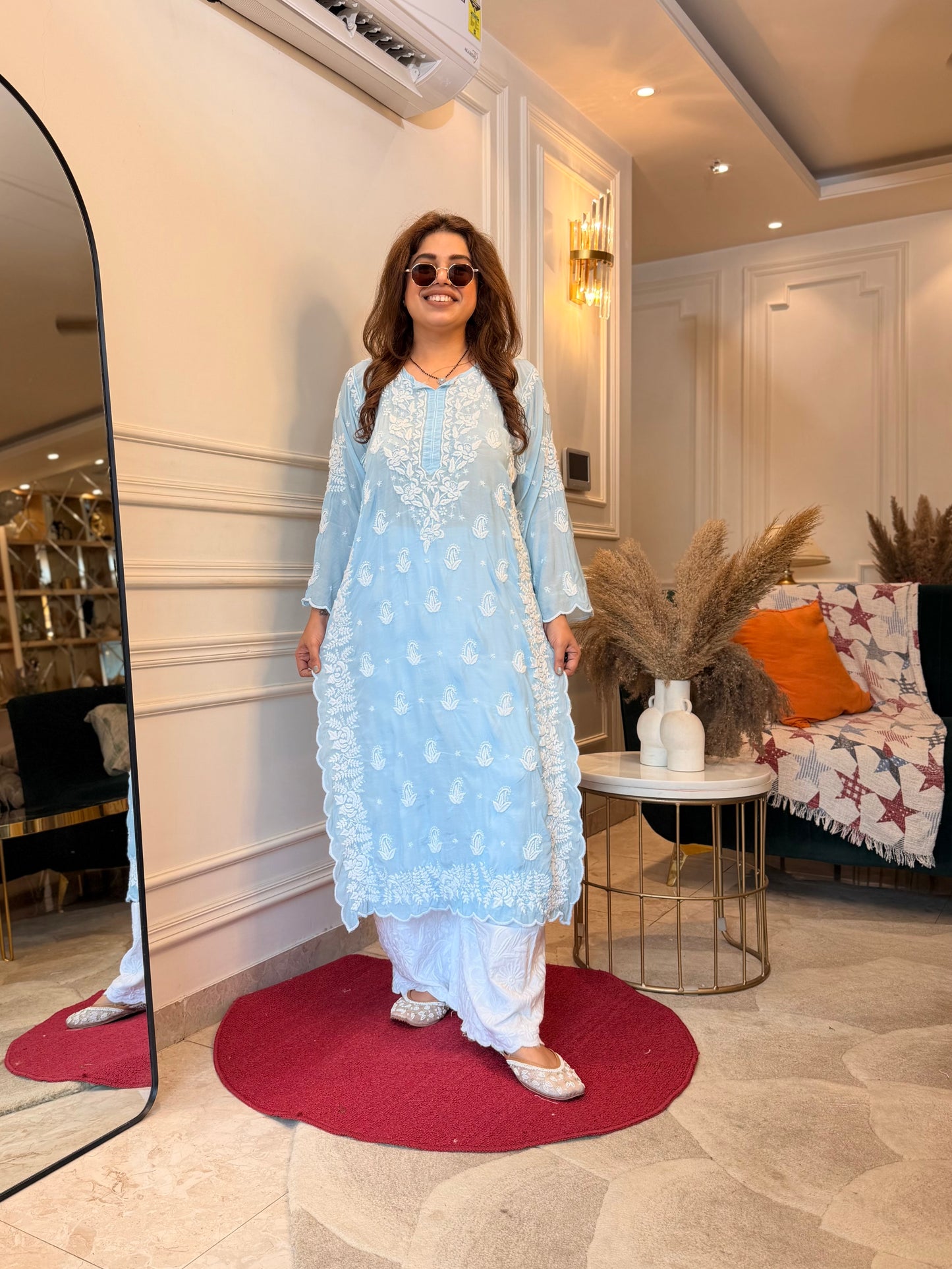 Hand embroidered 6D Chikankari Kurta | Mul Chanderi | Powder Blue