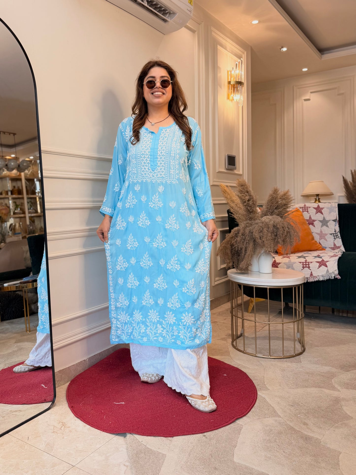 Hand Embroidered 3DChikankari Kurta  | Mul Chanderi | Frozi Blue