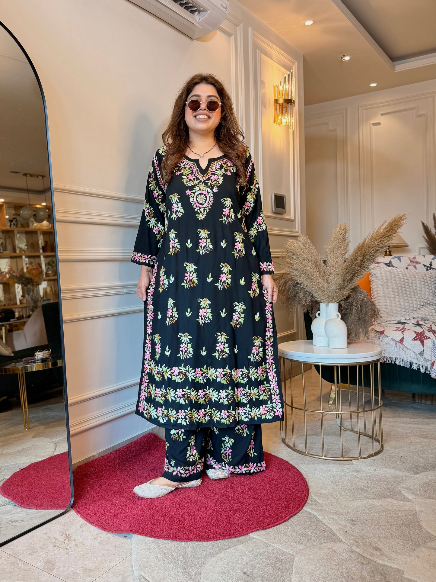 Hand Embroidered Chikankari Kurta set | Modal  | Black with Pink