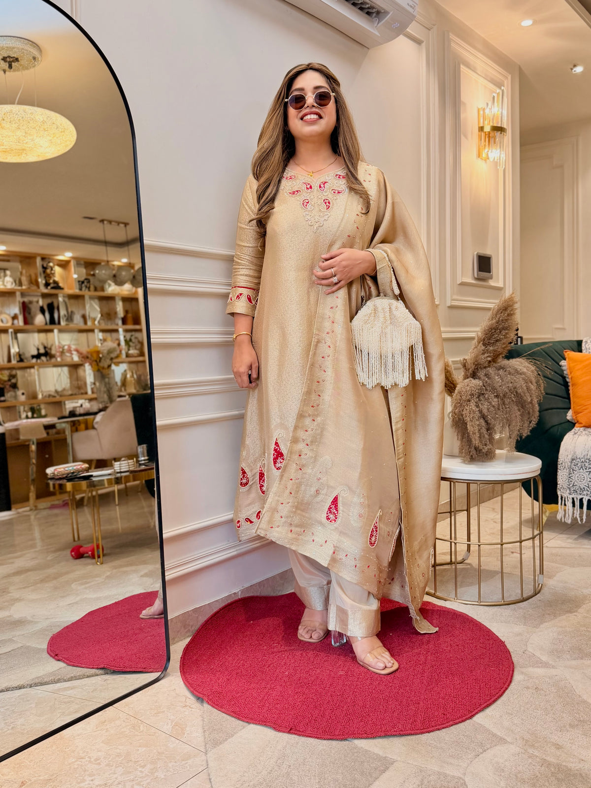 Exclusive Gold Beige Brocade Jacquard 3Piece A line kurta set