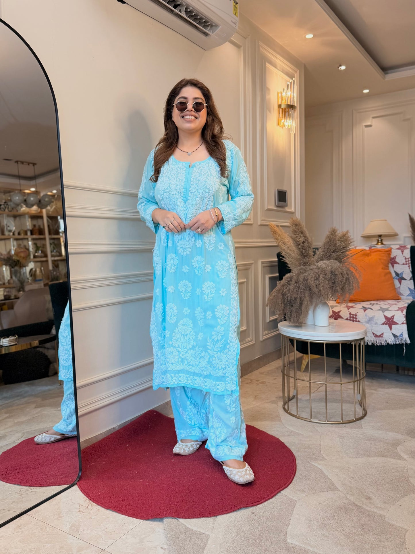 Hand Embroidered Chikankari Kurta set | Modal | light Blue