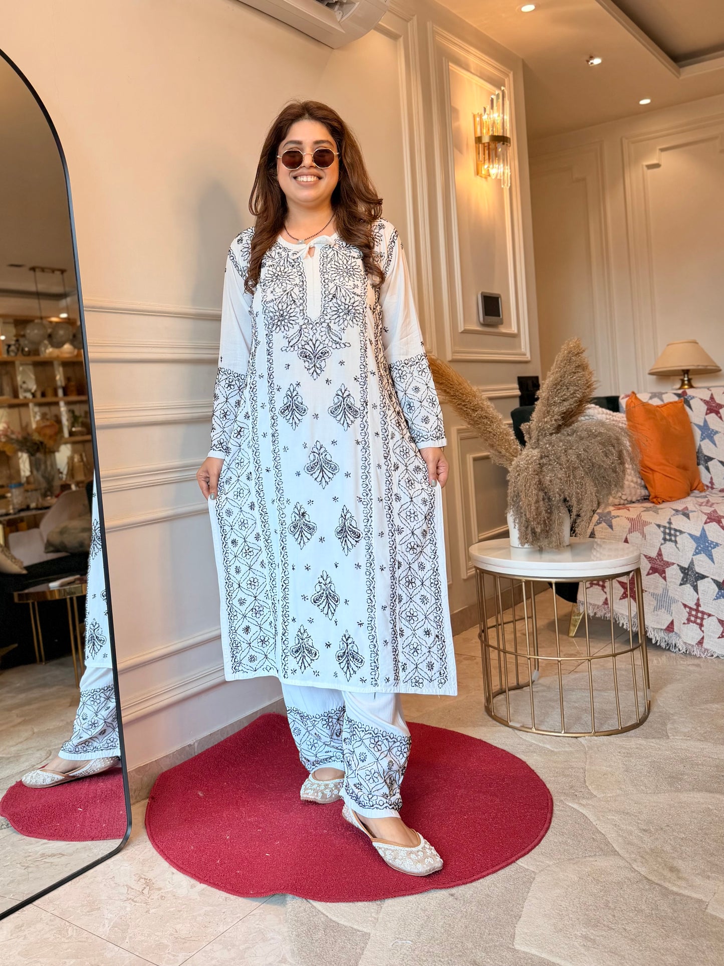 Hand embroidered Chikankari Kurta Set |Premium Soft Cotton | White with Black