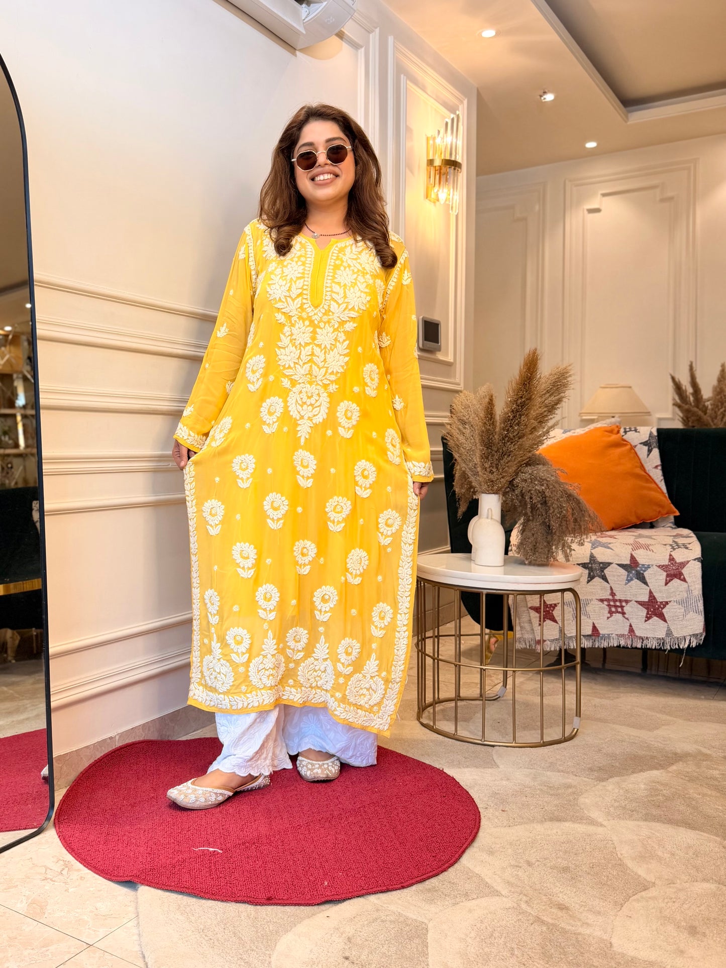 Hand Embroidered 6D Chikankari Kurta  | Premium Viscose | Mustard