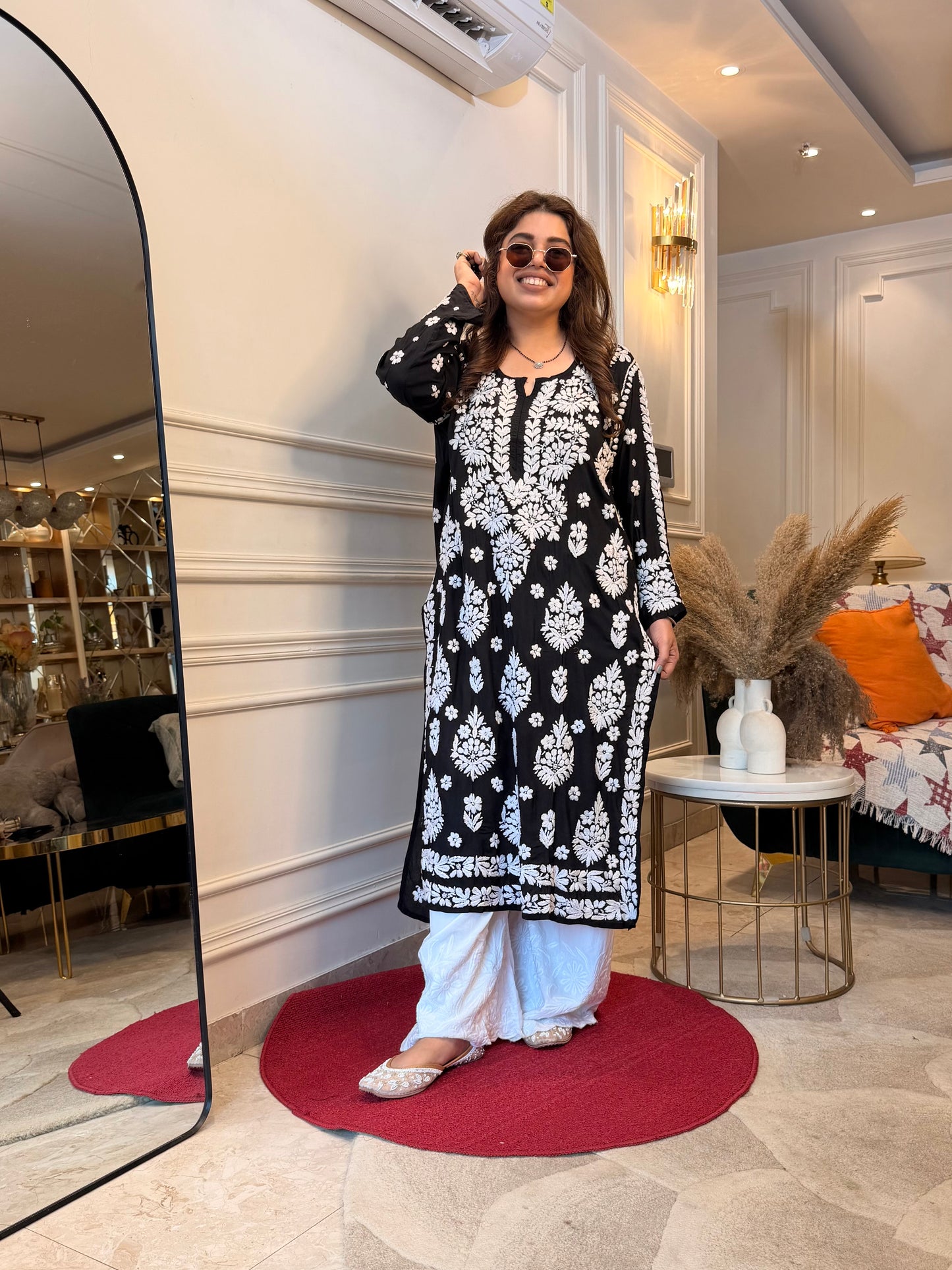 Hand Embroidered 6D Chikankari Kurta | Modal | Black with White Chikankari
