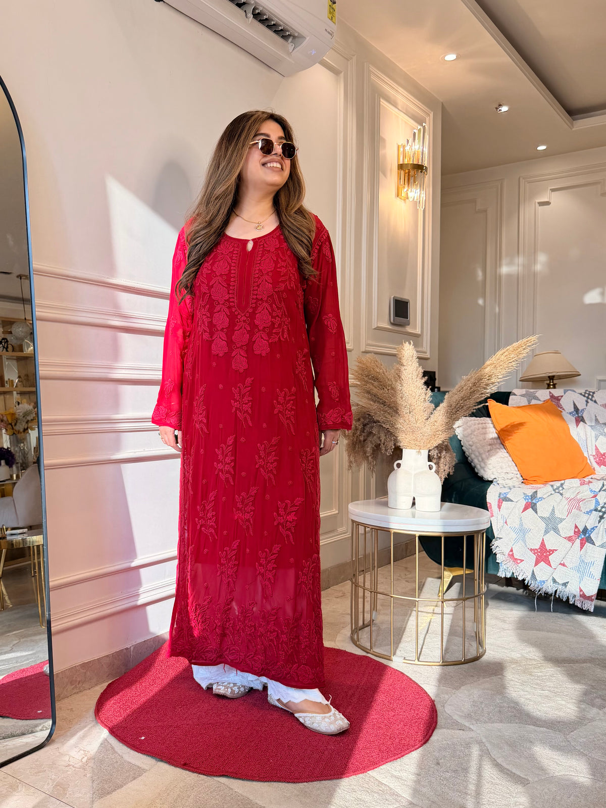 Hand Embroidered 3DChikankari Kurta  | Viscose | Cherry Red