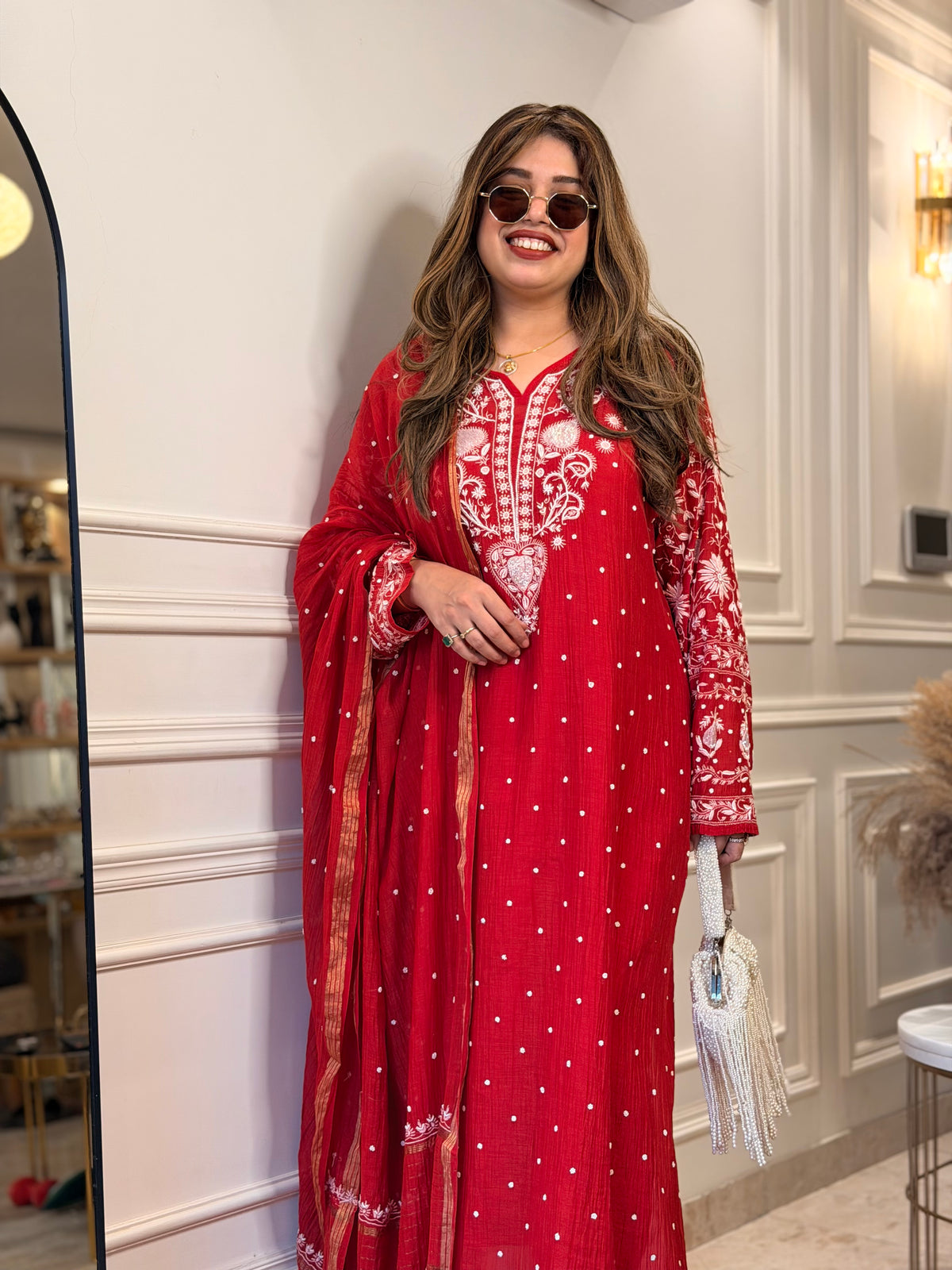 Premium Hand Embroidered Chikankari Kurta & Duppta | Mul Chanderi | Red