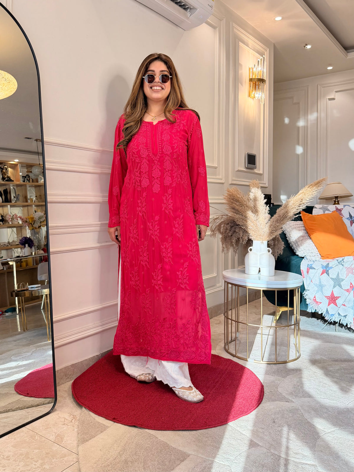 Hand Embroidered 3DChikankari Kurta  | Viscose | Hot Pink