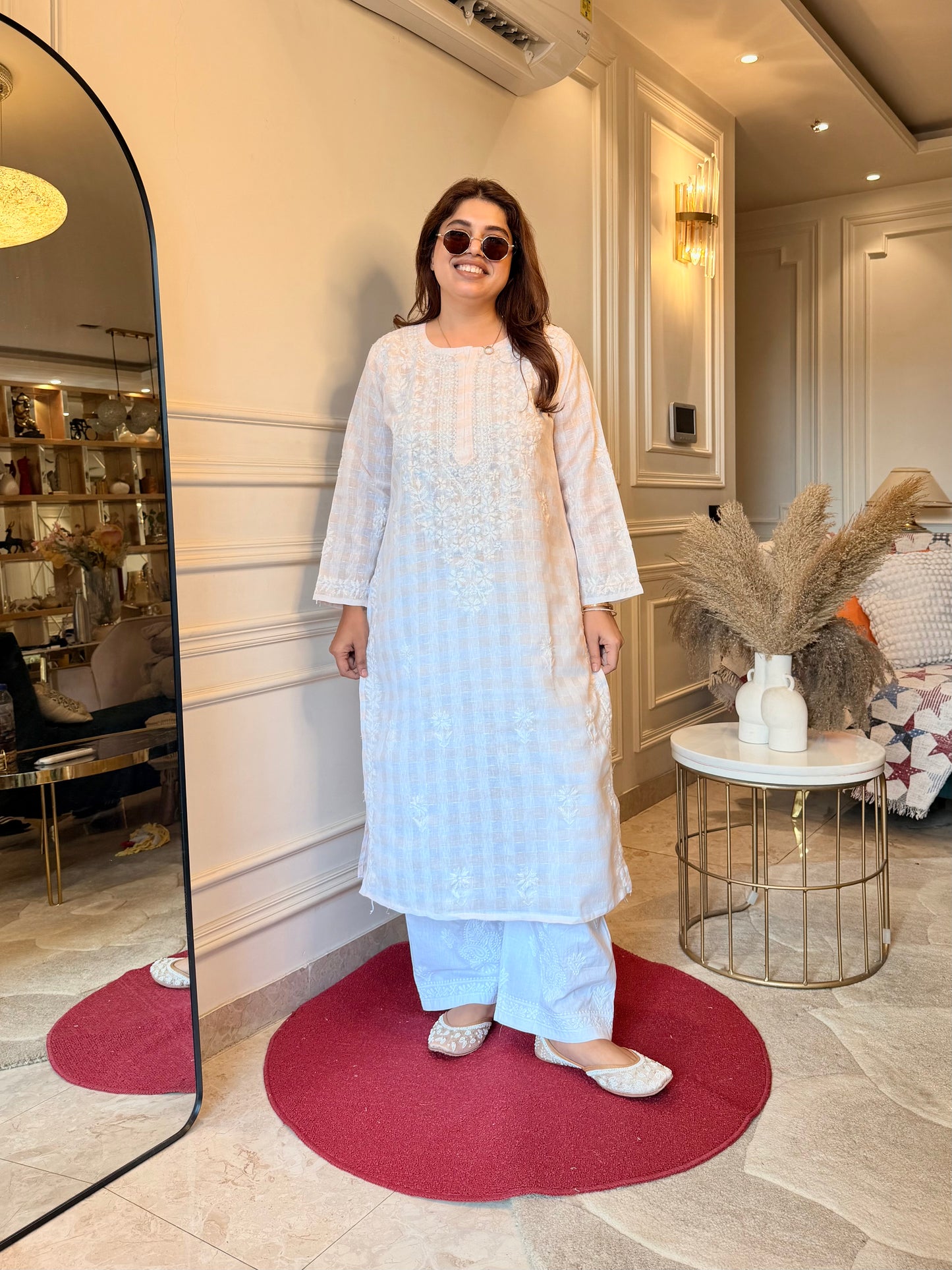 Hand Embroidered Chikankari Kurta Set - Kota Doriya Fabric | Peach