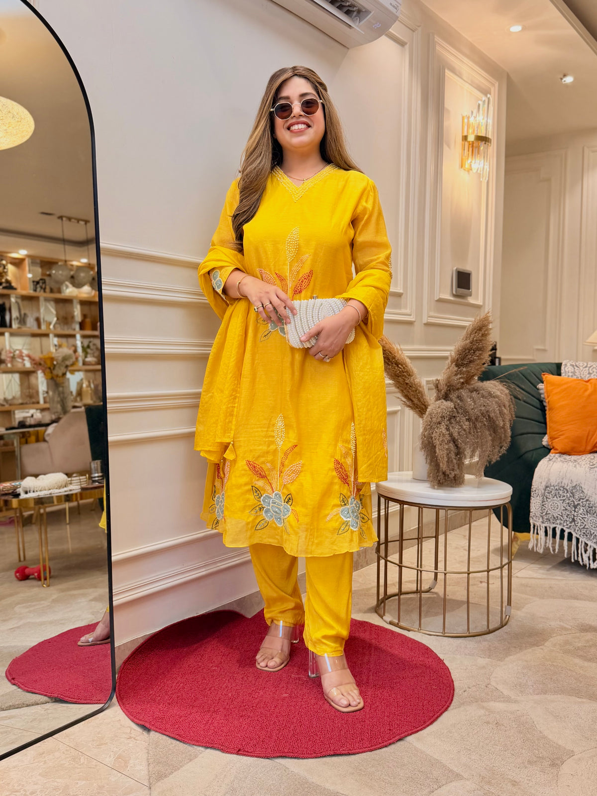 Exclusive Mul Chanderi 3Piece A line kurta set | Mustard