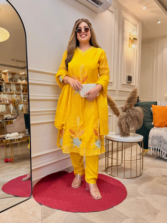 Exclusive Mul Chanderi 3Piece A line kurta set | Mustard