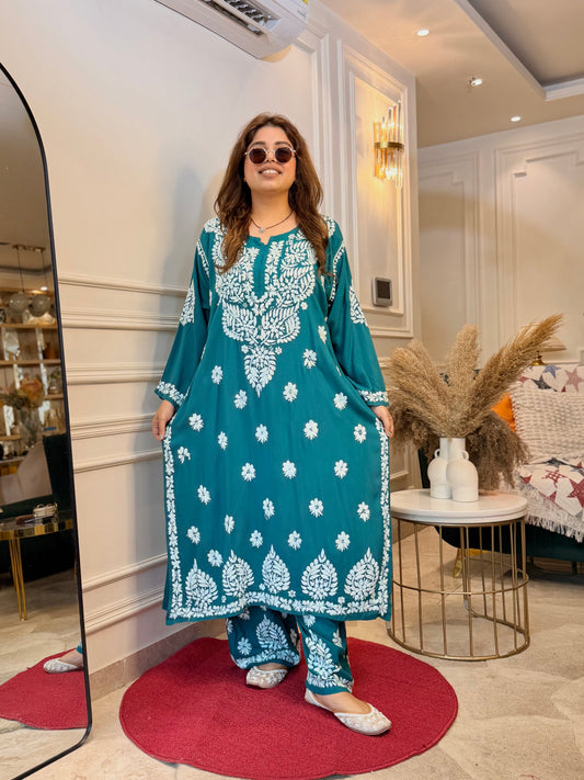 Hand Embroidered Chikankari Kurta set | Modal  | Teal
