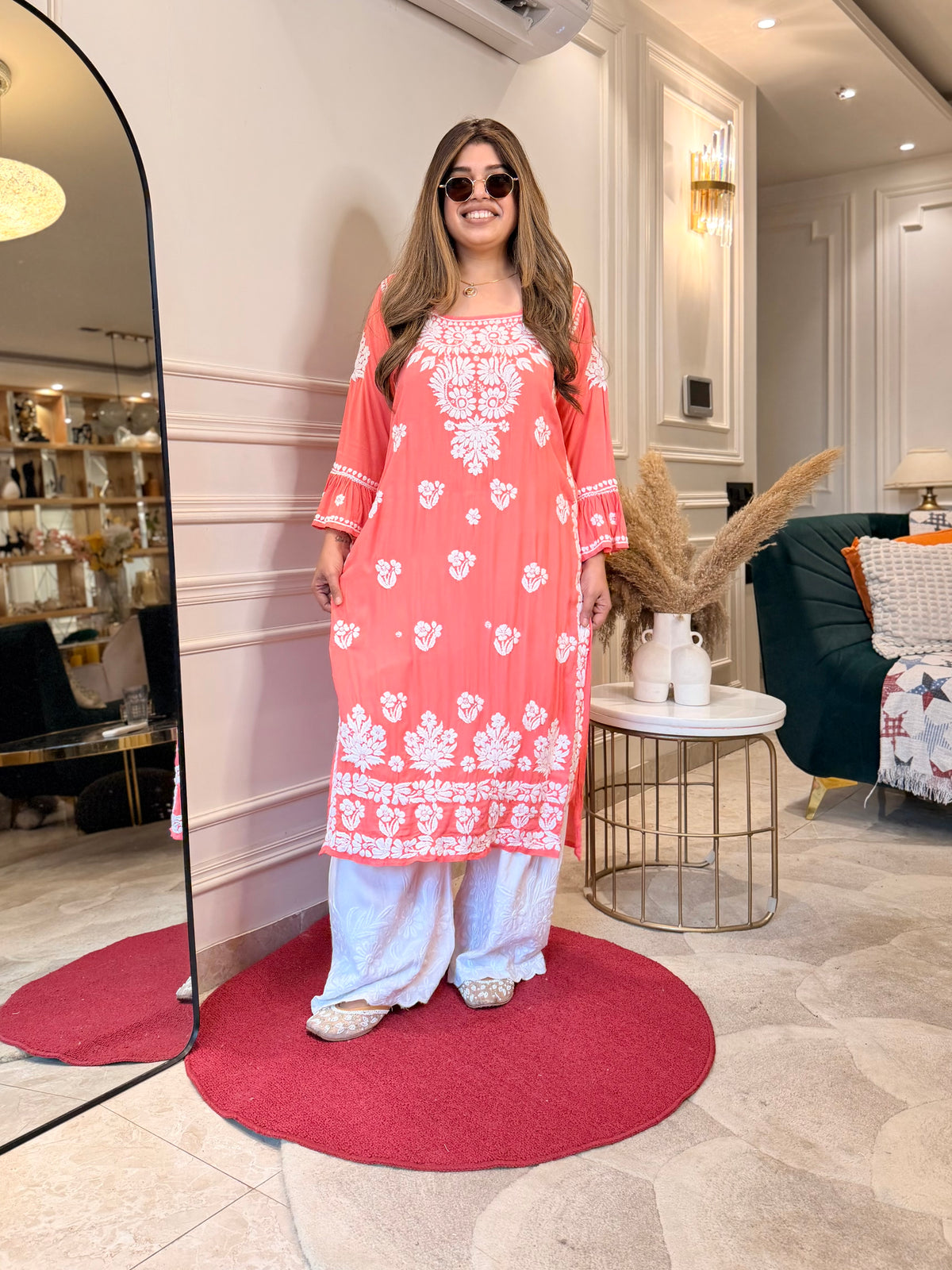 Hand Embroidered 3D Chikankari Kurta | Mul Chanderi | Pink