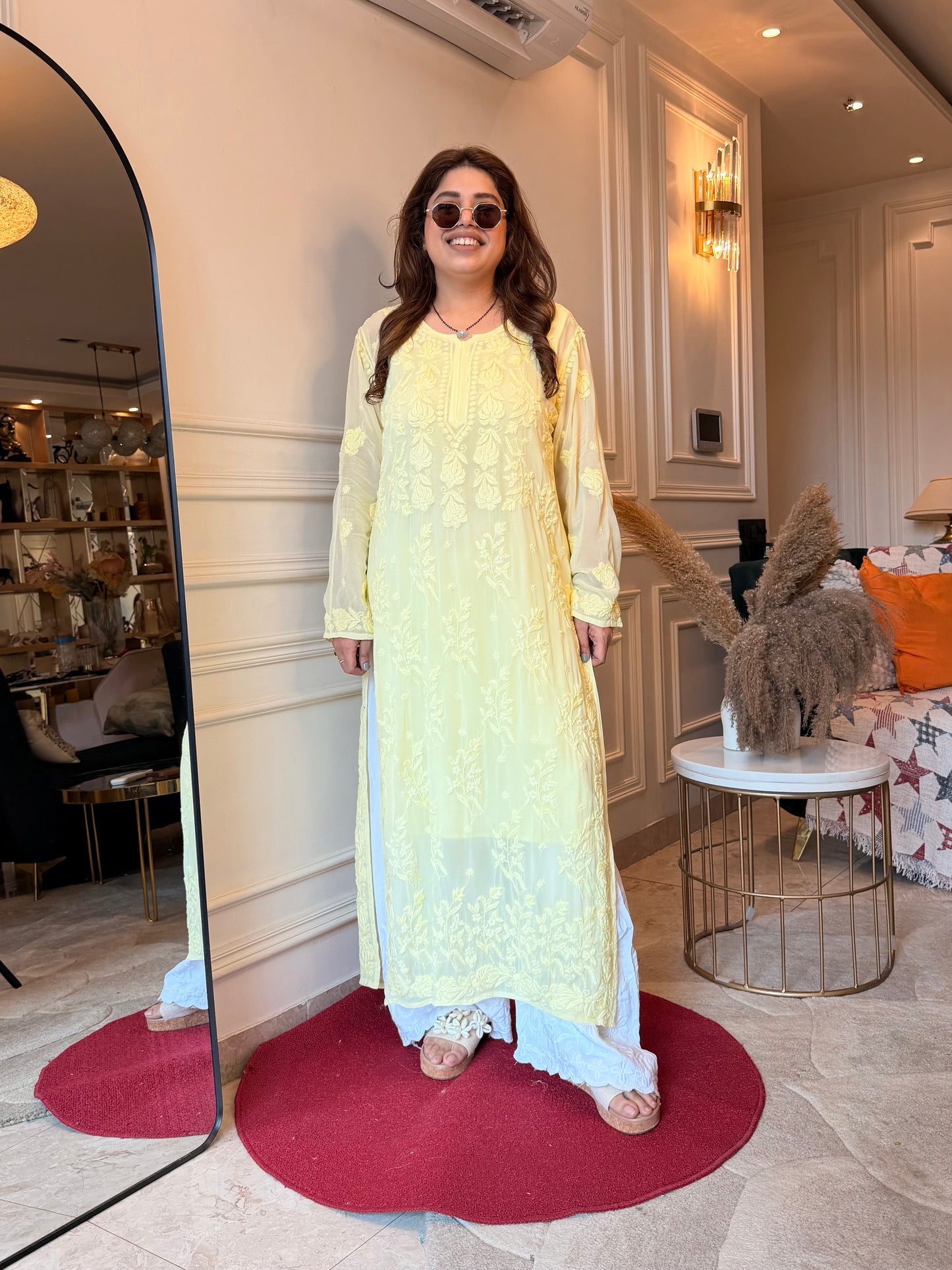 Hand Embroidered 3DChikankari Kurta  | Viscose | Butter Yellow