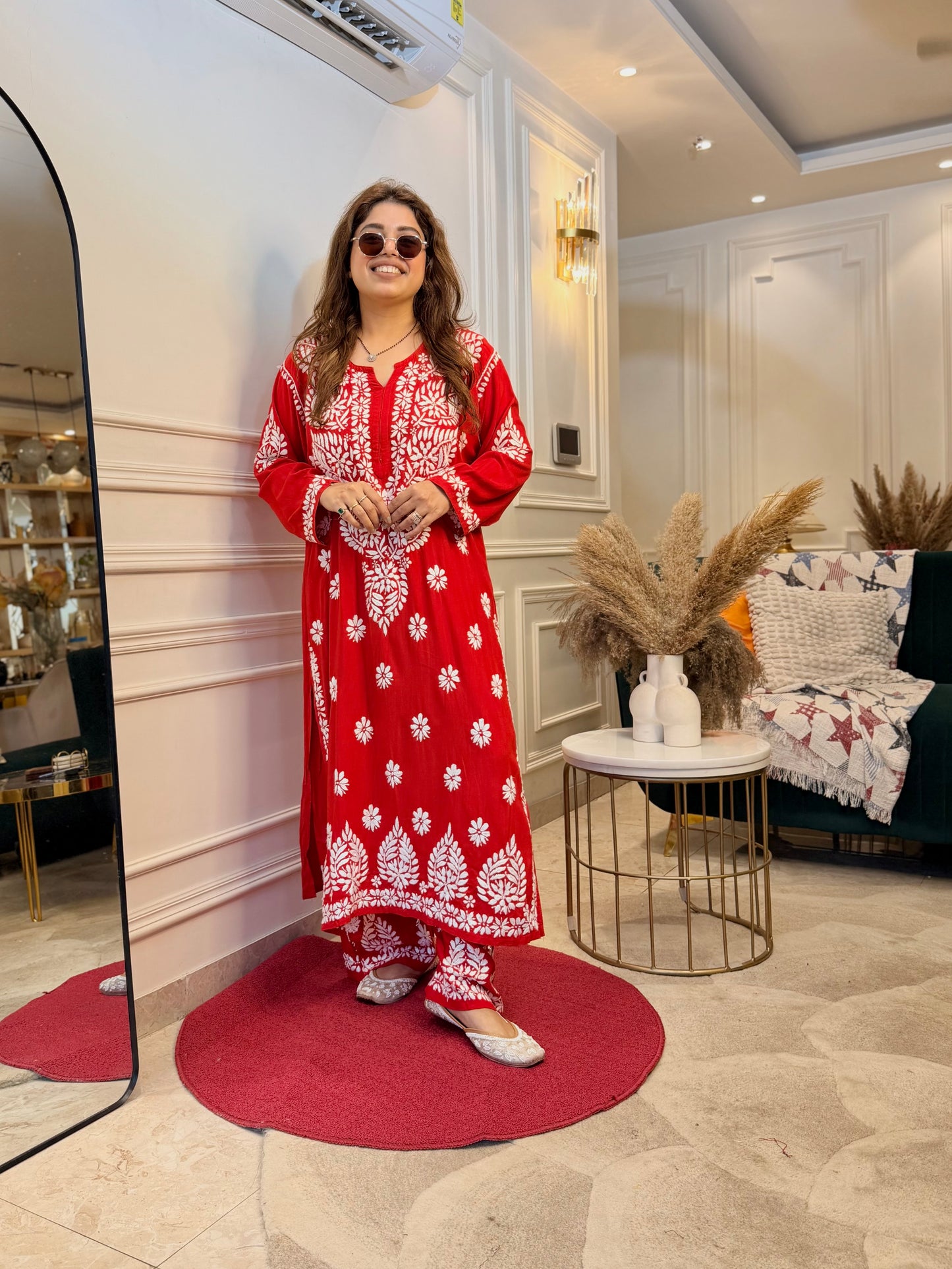 Hand Embroidered Chikankari Kurta set | Modal  | Hot Red