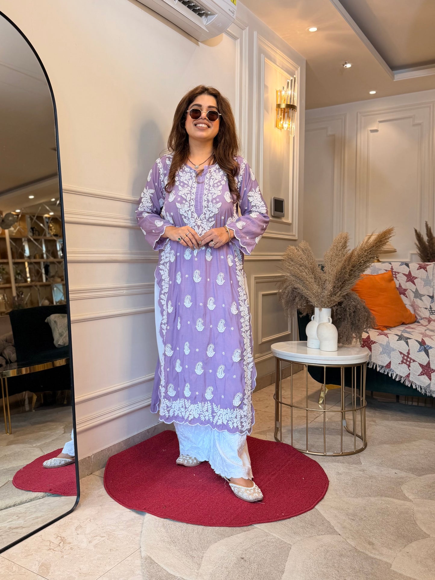 Hand embroidered 6D Chikankari Kurta | Mul Chanderi | Lavender