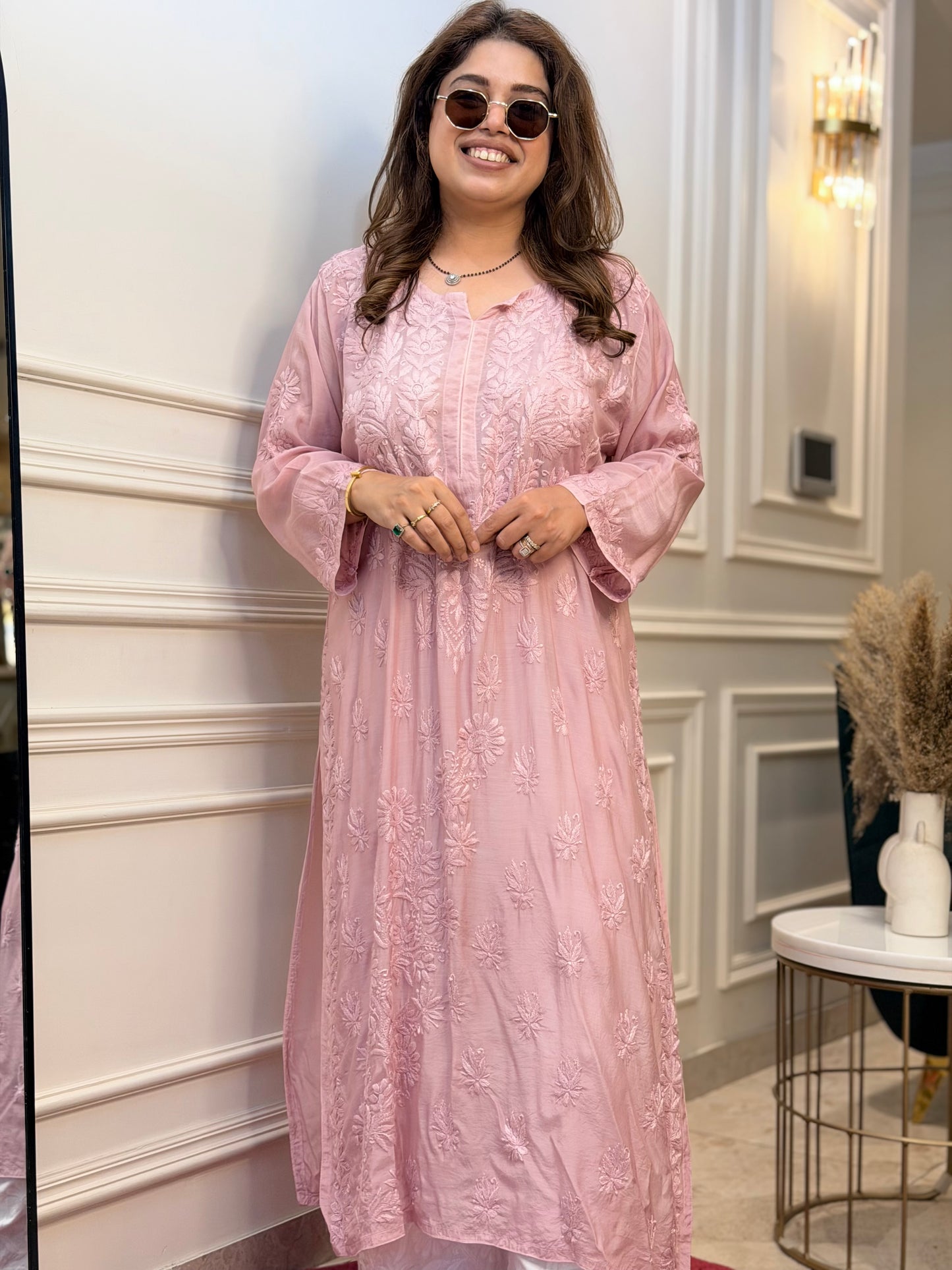 Hand Embroidered Chikankari Kurta | Premium Mul Chanderi | Mauve