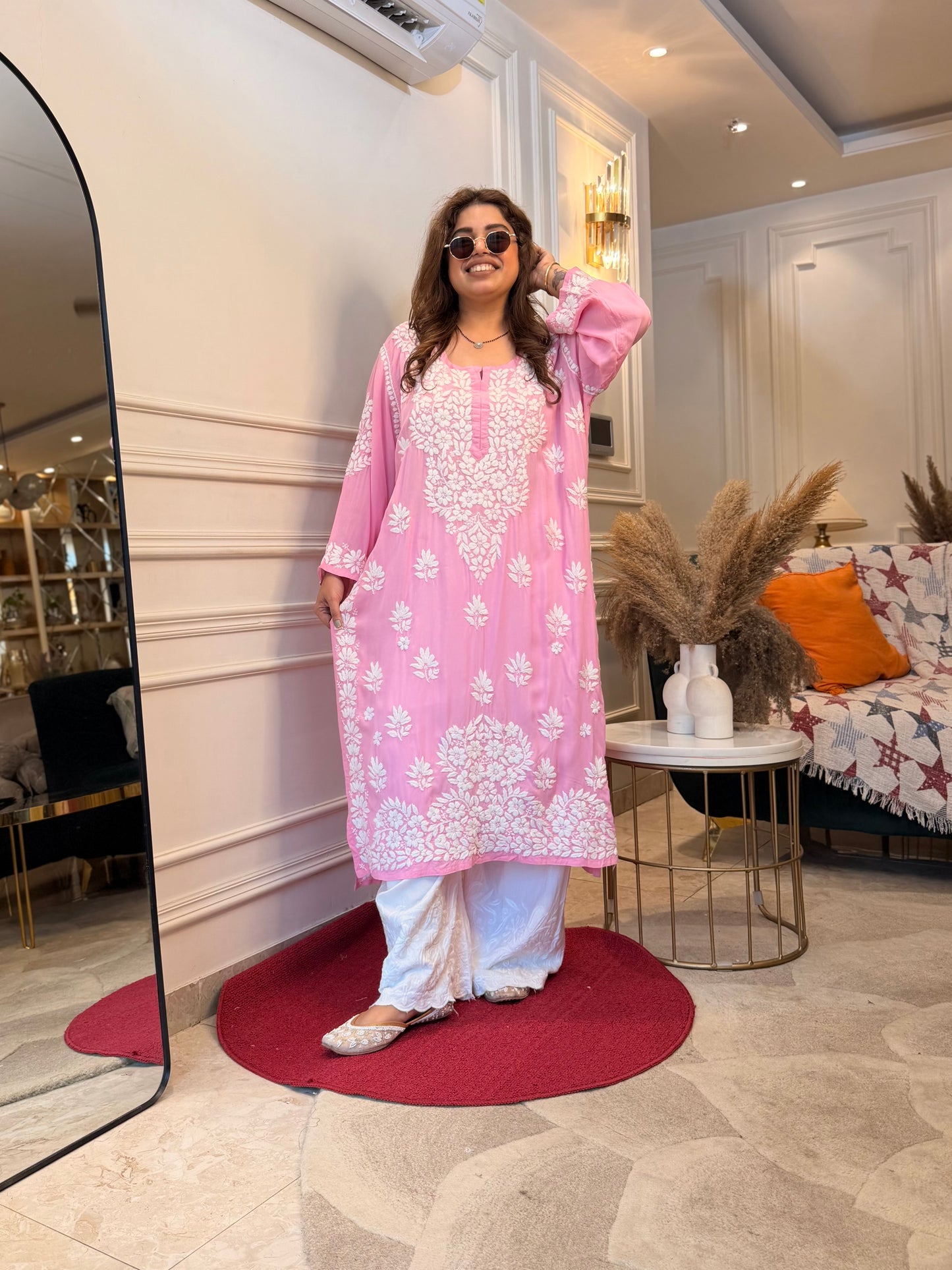Hand Embroidered 6D Chikankari Kurta | Modal | Pink