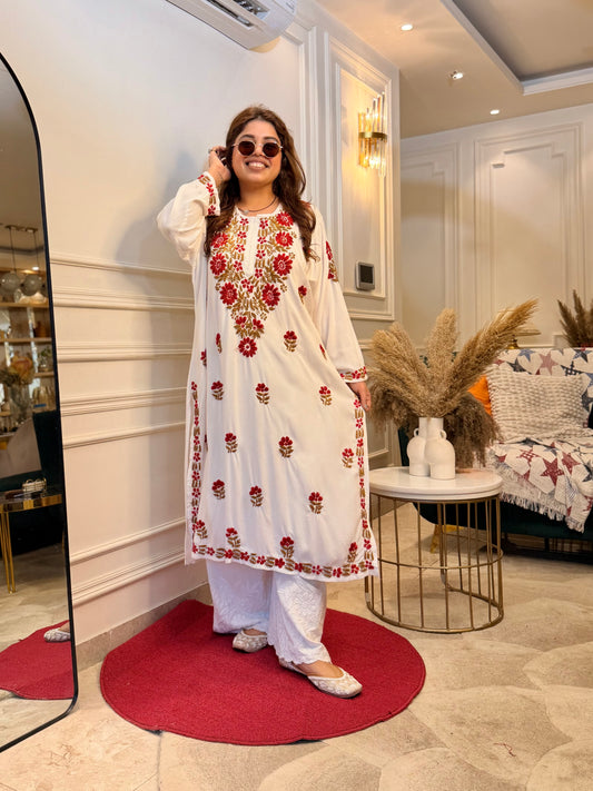 Hand embroidered Chikankari Kurta | Premium Cotton | White with Red with Brown
