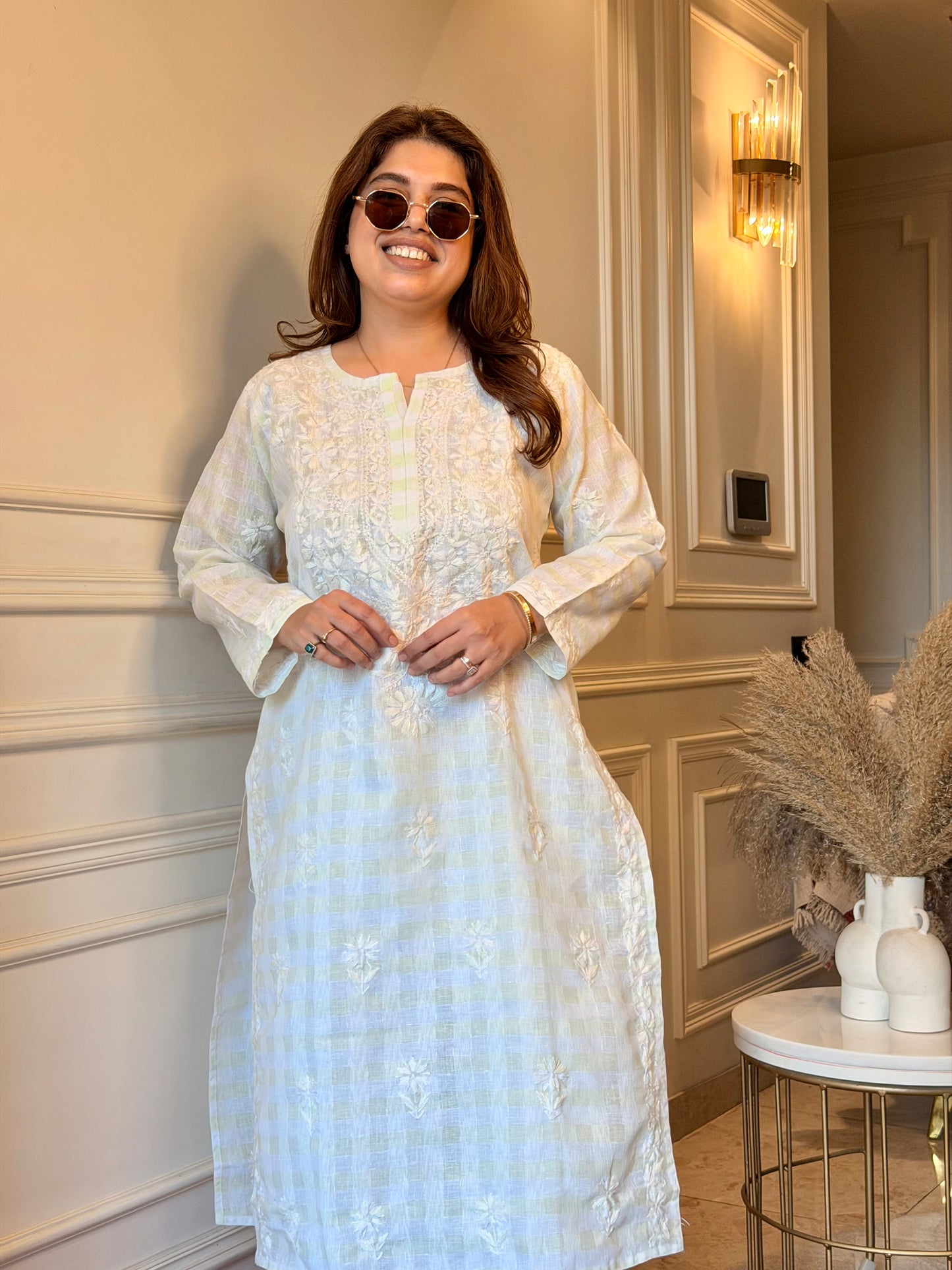 Hand Embroidered Chikankari Kurta Set - Kota Doriya Fabric | Mint Green