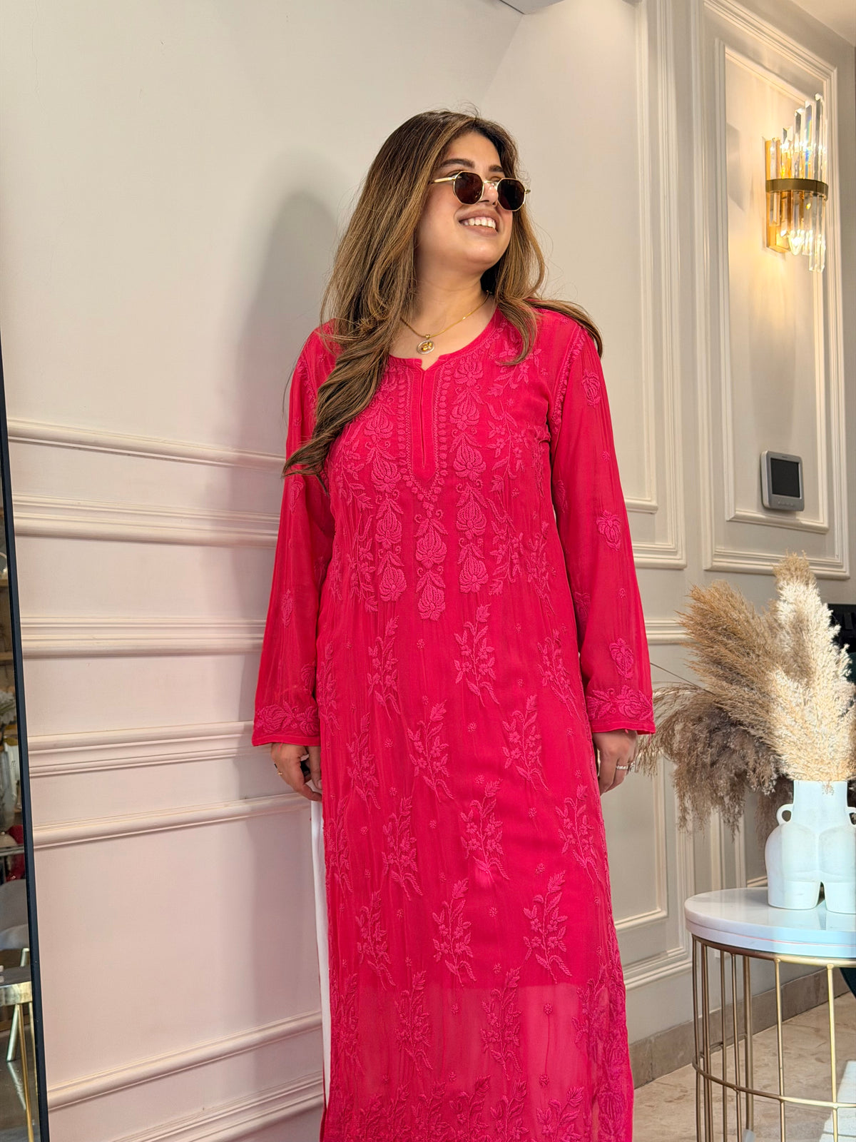 Hand Embroidered 3DChikankari Kurta  | Viscose | Hot Pink