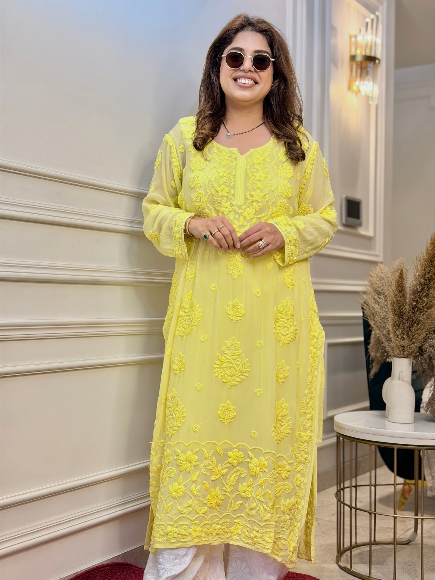 Hand Embroidered 6D Chikankari Kurta  | Premium Viscose | Neon yellow