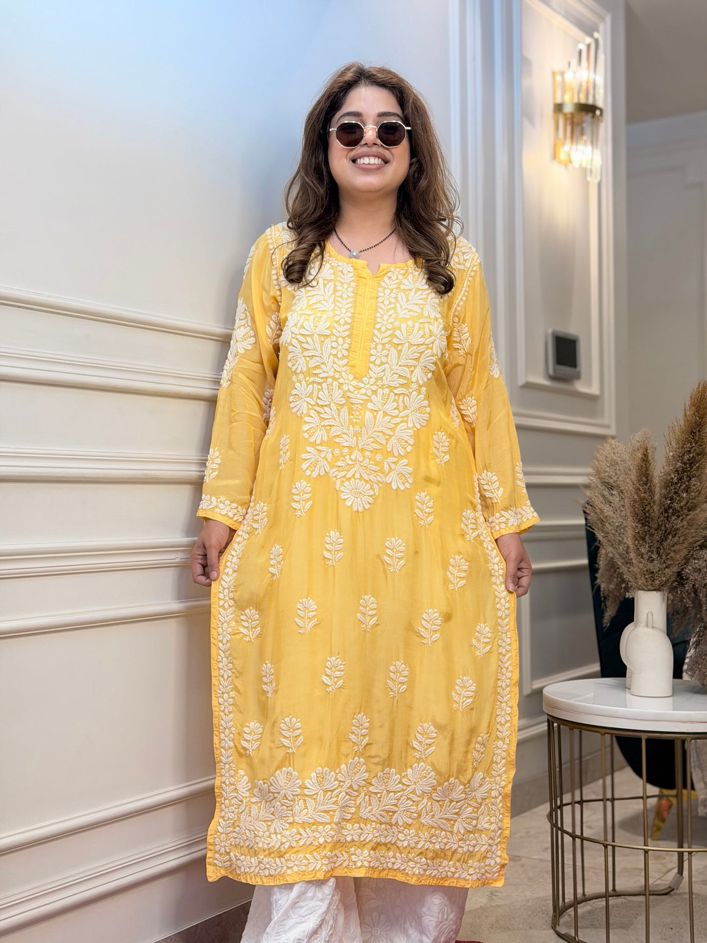Hand Embroidered Chikankari Kurta  | Premium Mul Chanderi | Mustard Yellow