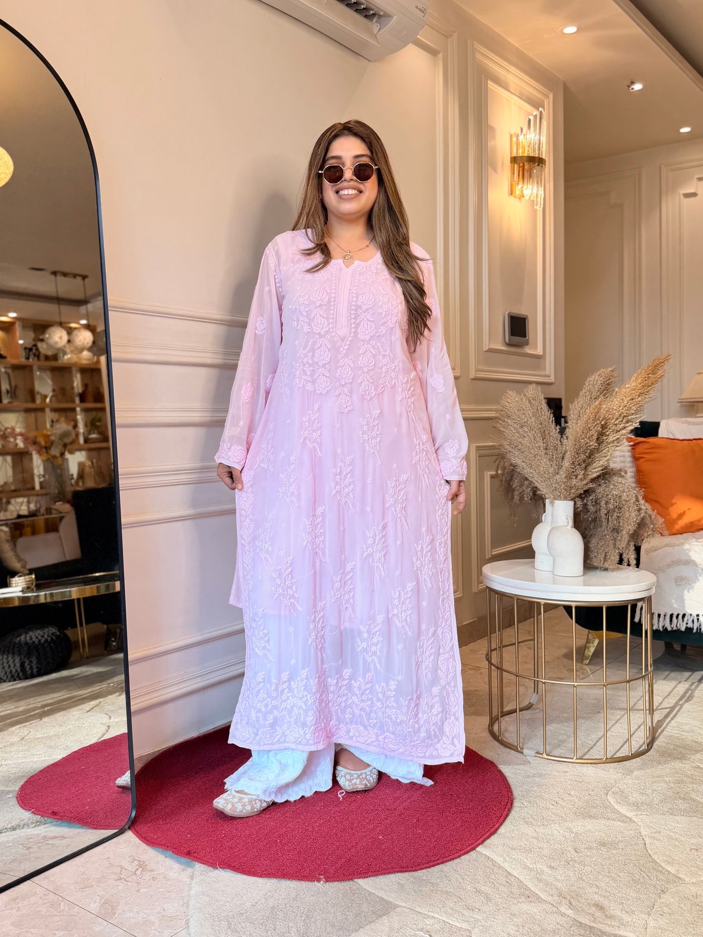 Hand Embroidered 3DChikankari Kurta  | Viscose | Pink