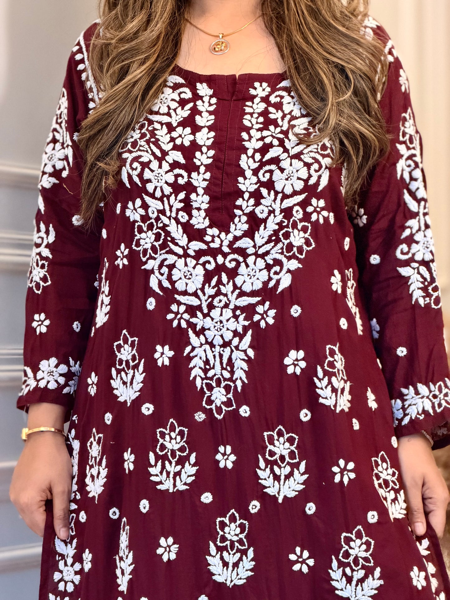 Hand embroidered 3D Chikankari Kurta set | Premium Modal| Mahroon