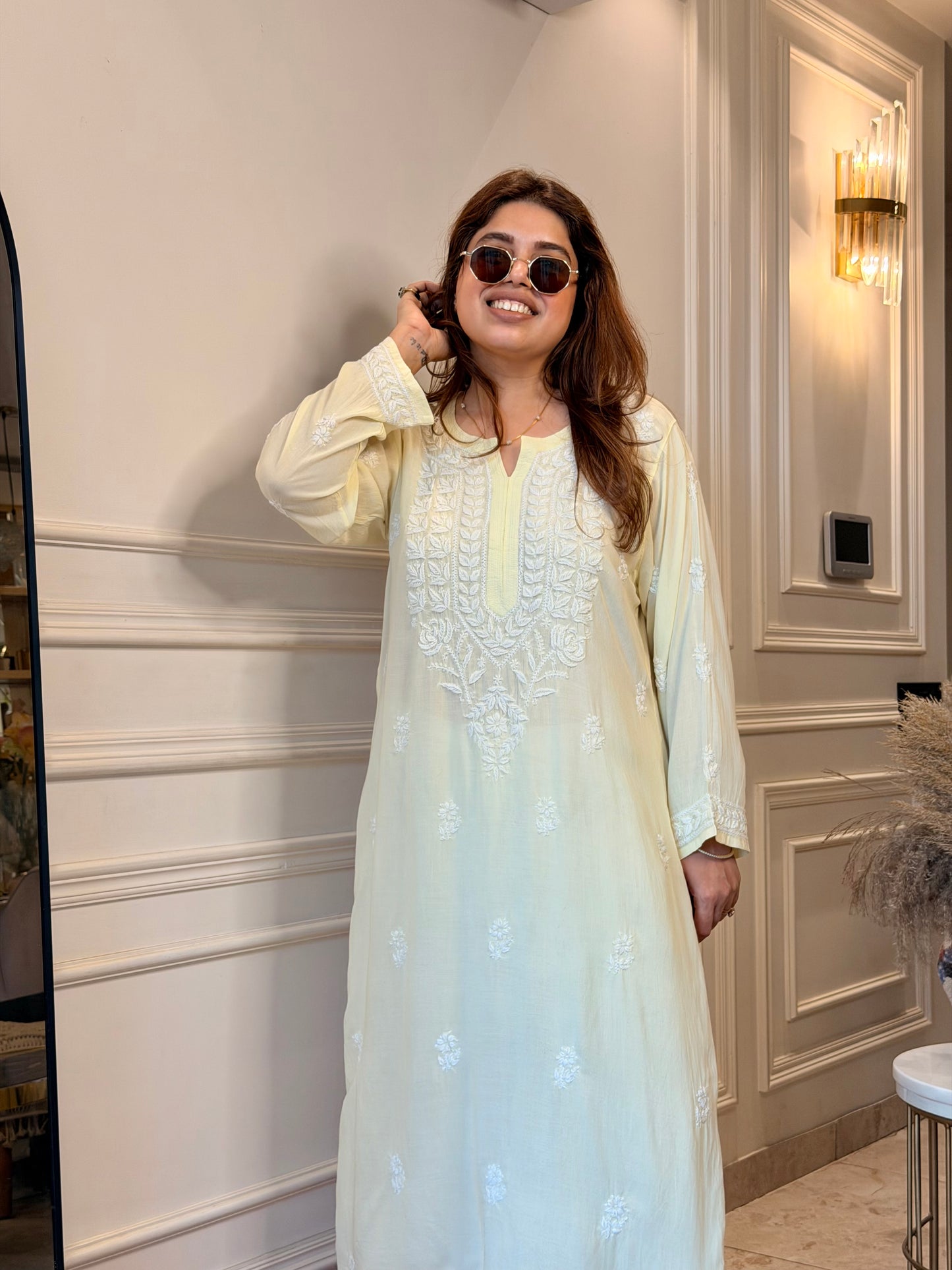 Hand Embroidered Chikankari Kurta | Modal | Butter Yello
