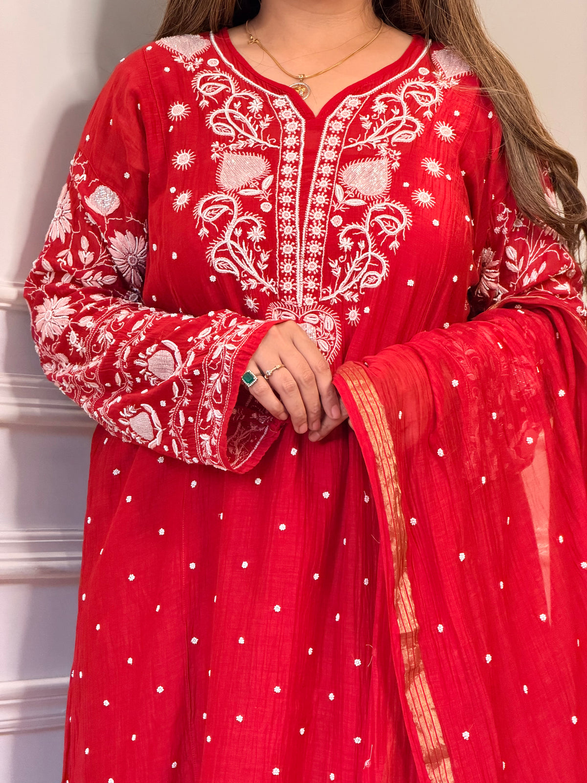 Premium Hand Embroidered Chikankari Kurta & Duppta | Mul Chanderi | Red