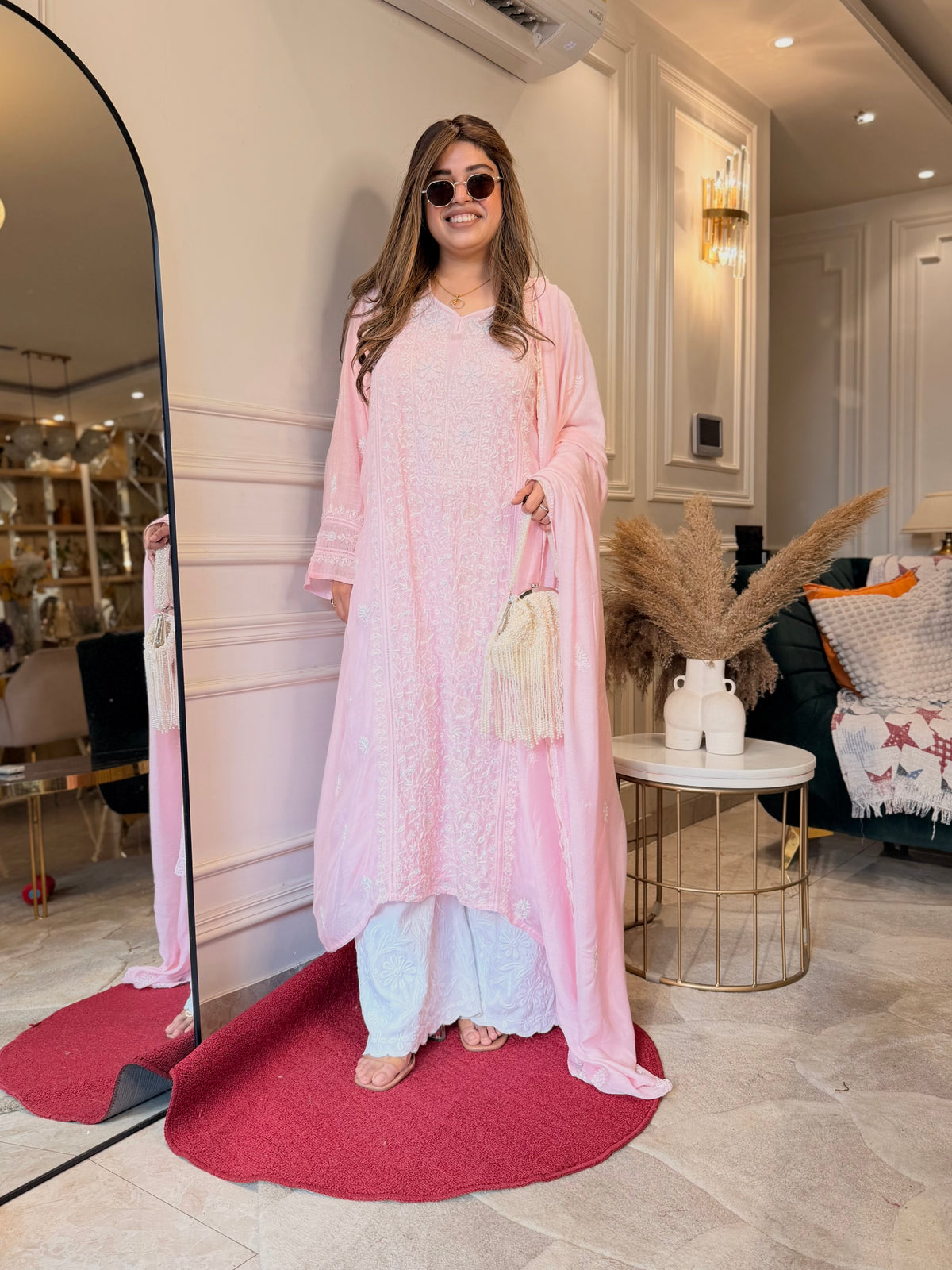 Luxe Hand Embroidered Chikankari Kurta & Duppta | Premium Soft Muslin | Pink