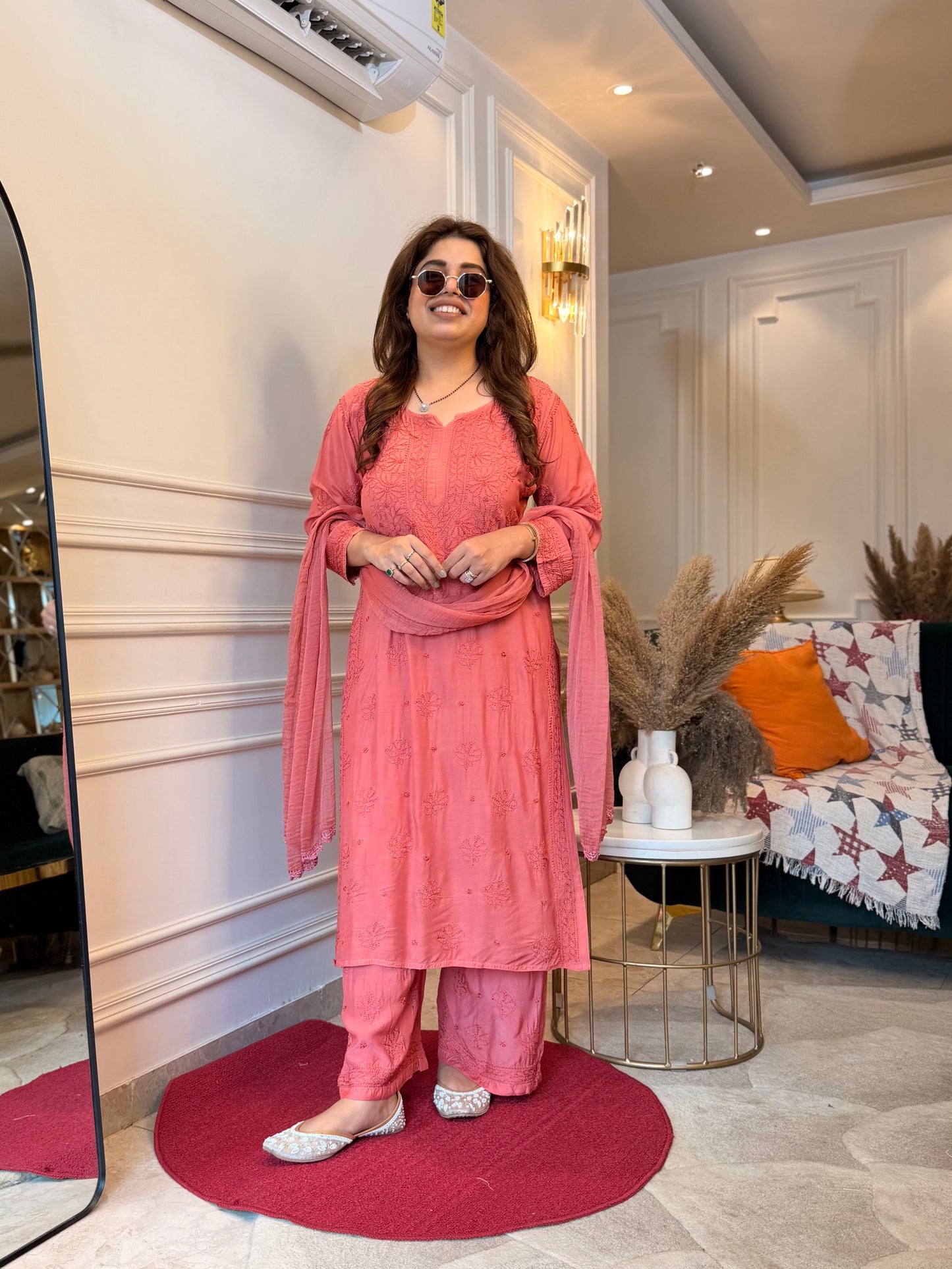 Hand Embroidered Chikankari 3 piece Kurta set | Mul Chanderi | Rust