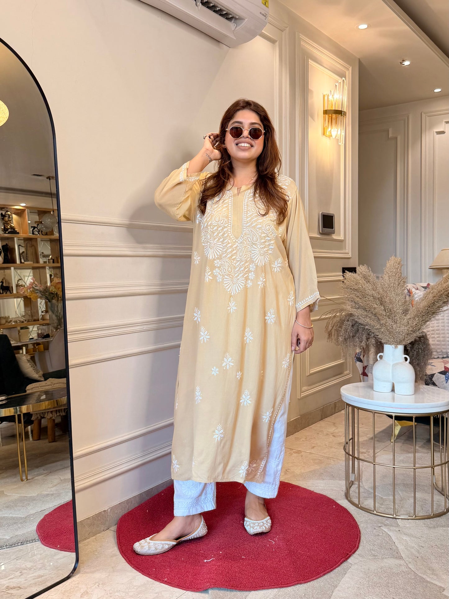 Hand Embroidered Chikankari Kurta | Modal | Sand Beige