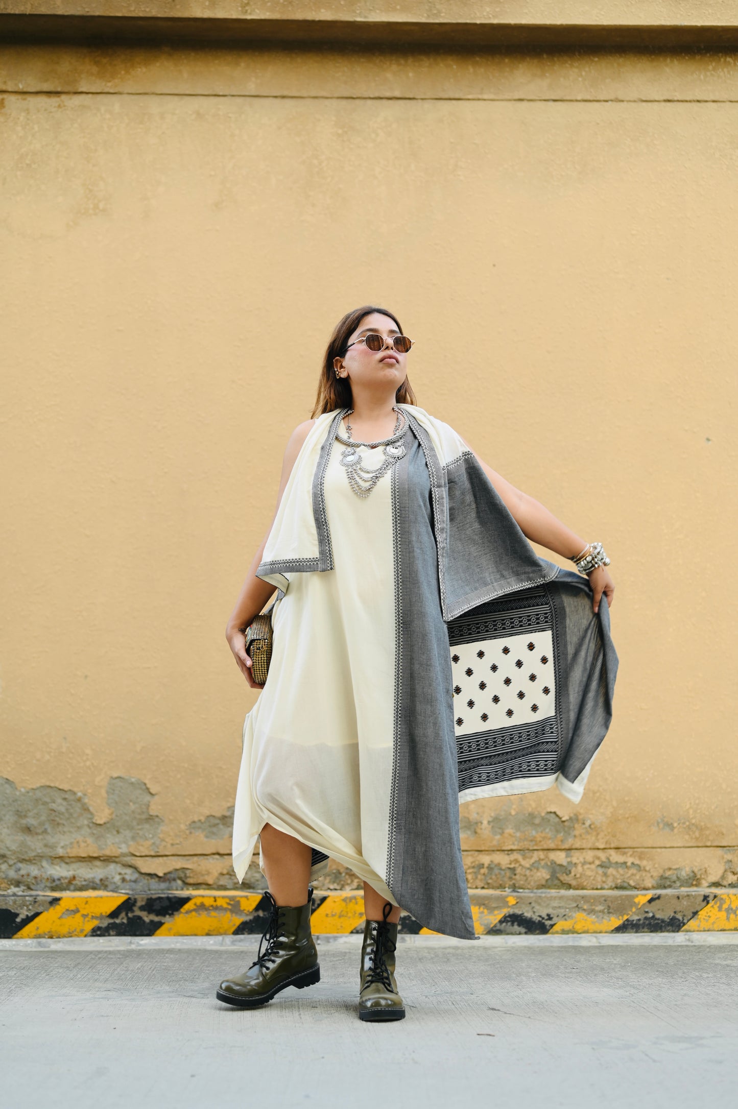 Premium Ivory Asymmetric Flowy Dress with Dual-Tone Ethnic Overlay