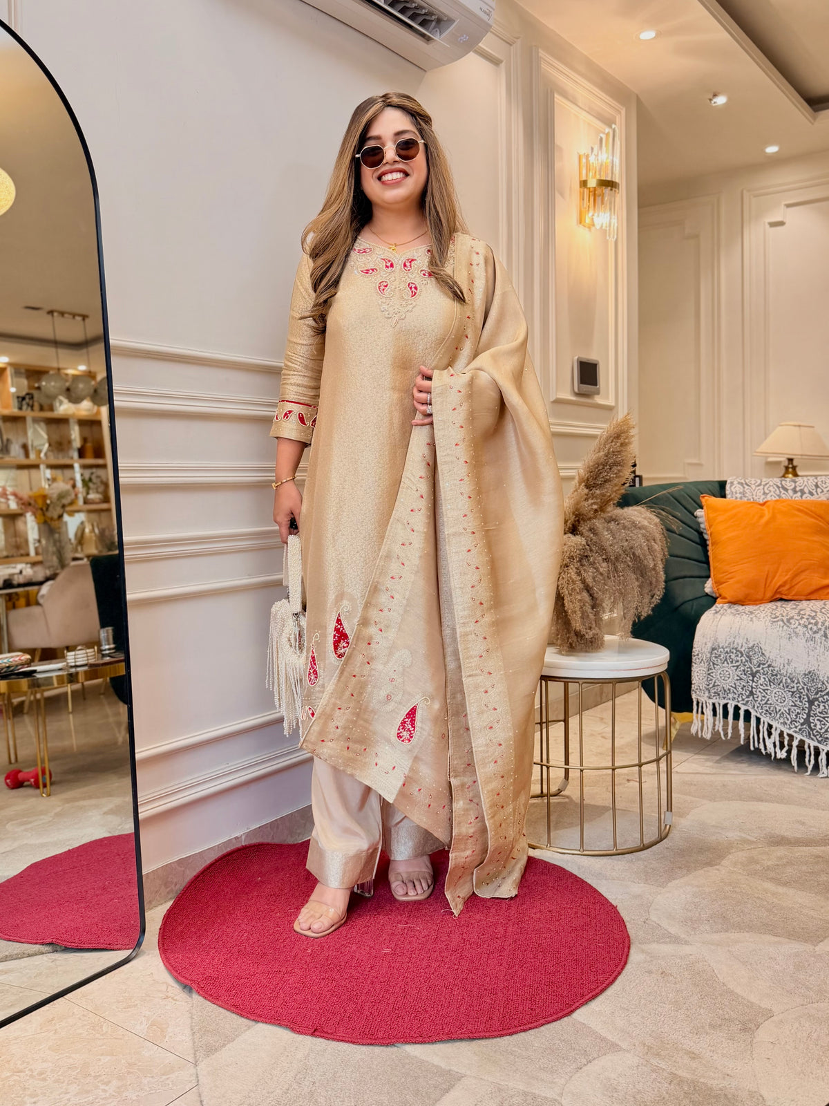 Exclusive Gold Beige Brocade Jacquard 3Piece A line kurta set