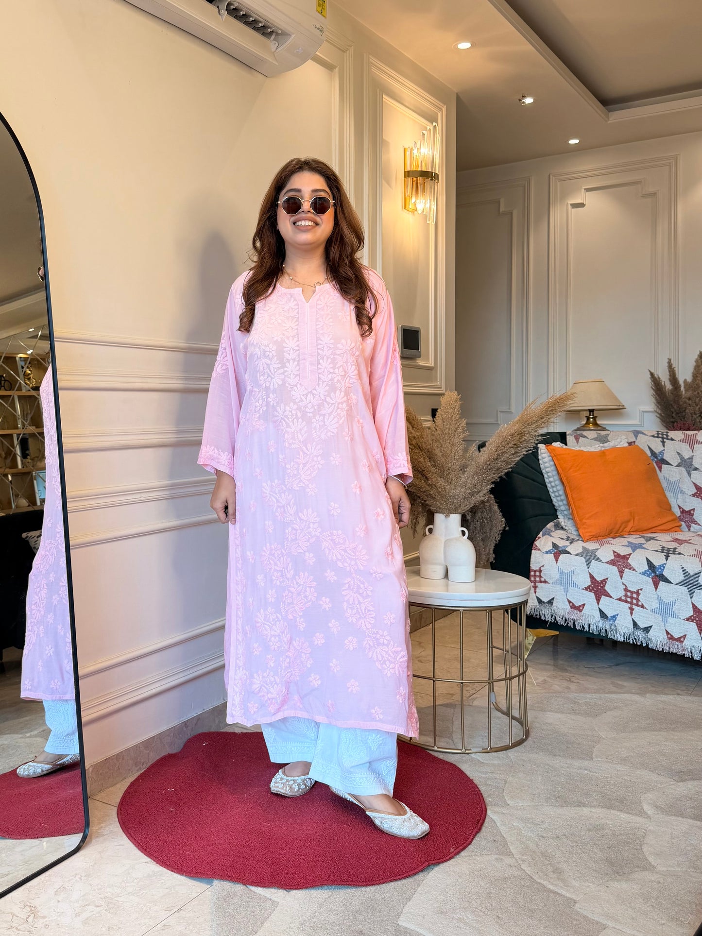 Hand Embroidered Chikankari Kurta set | Mul Chanderi | Baby Pink