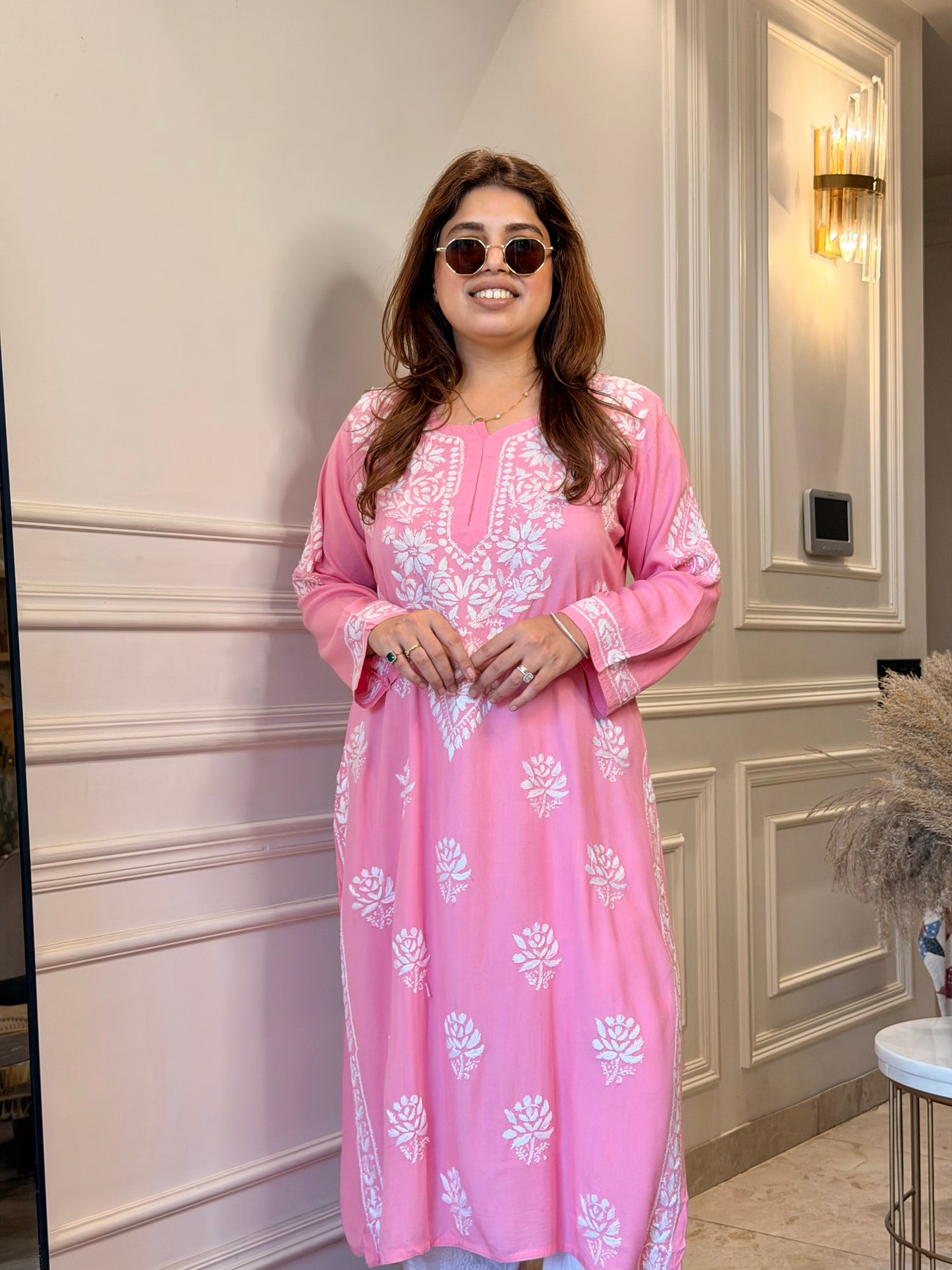 Hand Embroidered Chikankari Kurta | Modal | Pink