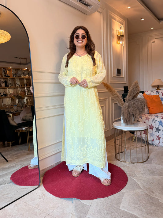 Hand Embroidered 3DChikankari Kurta  | Viscose | Butter Yellow