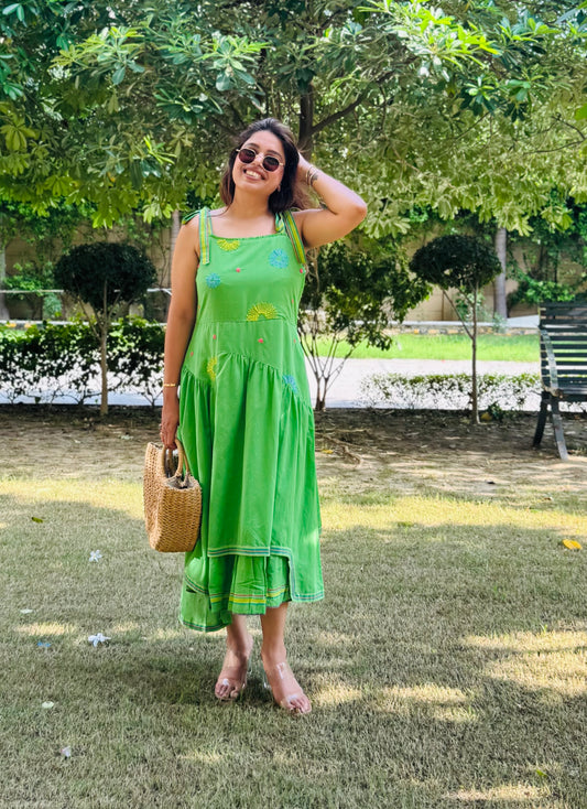 Meadow Glow Tiered Green Cotton Dress