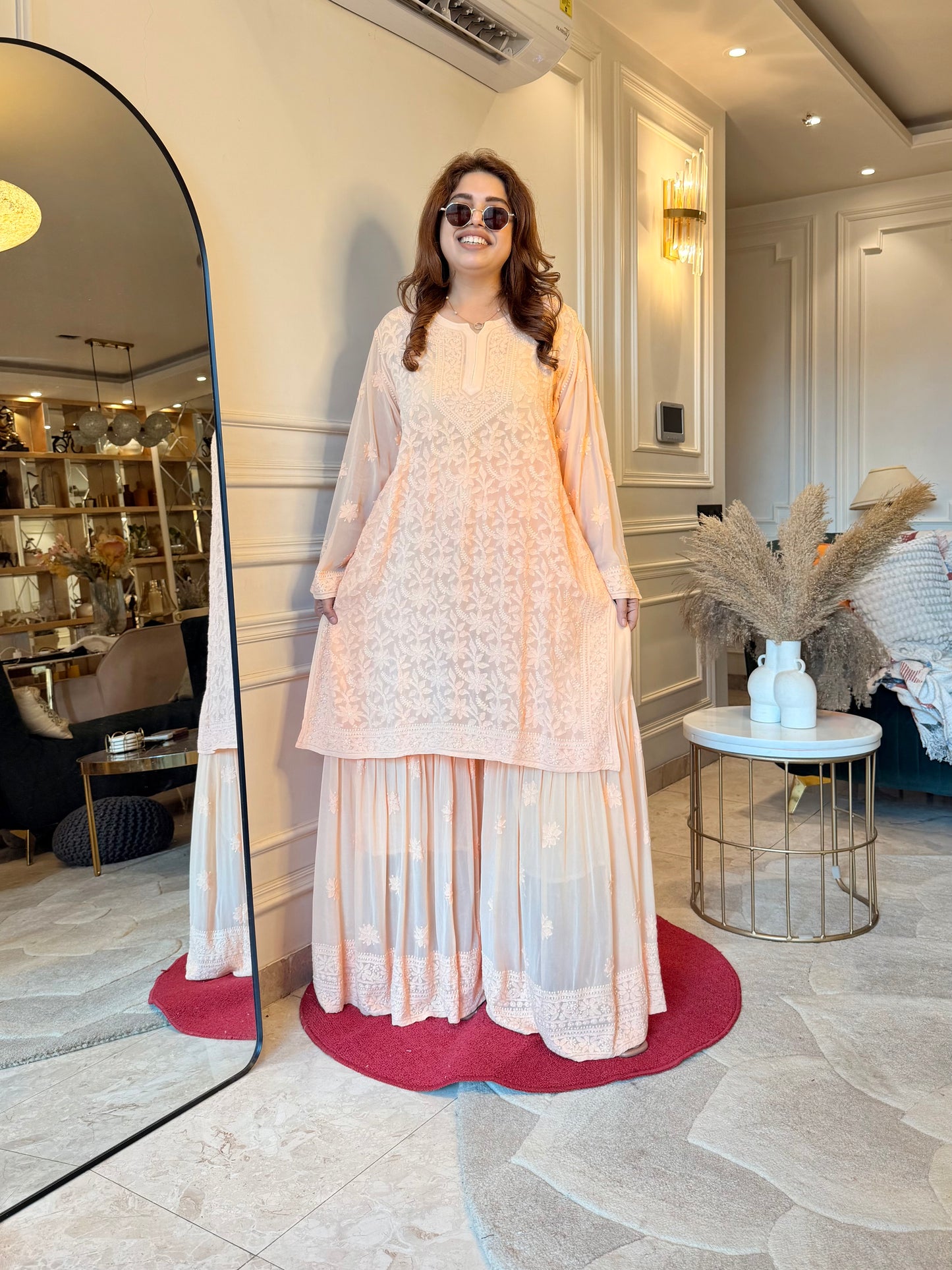 Delicate Full Zaal Hand Embroidered Chikankari Sharara set | Viscose | Peach
