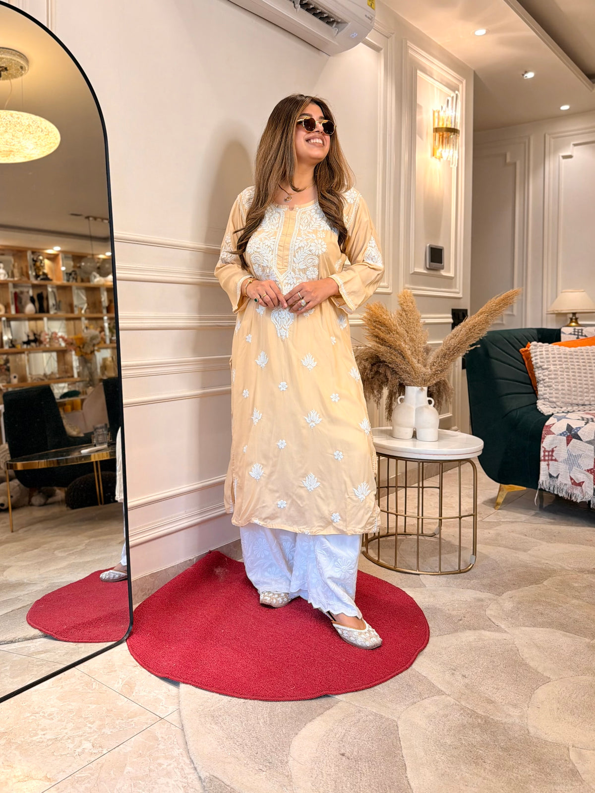 Hand Embroidered 3D Chikankari Kurta | Mul Chanderi | Beige