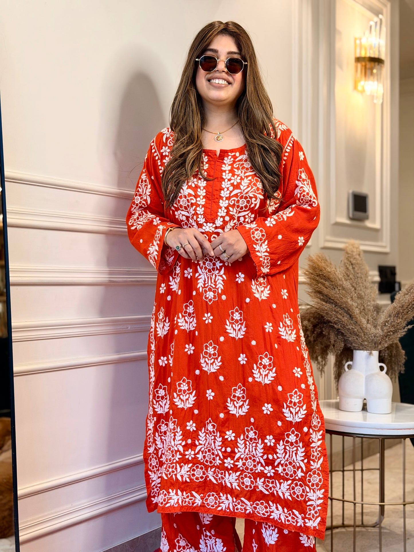 Hand embroidered 3D Chikankari Kurta set | Premium Modal| Orange
