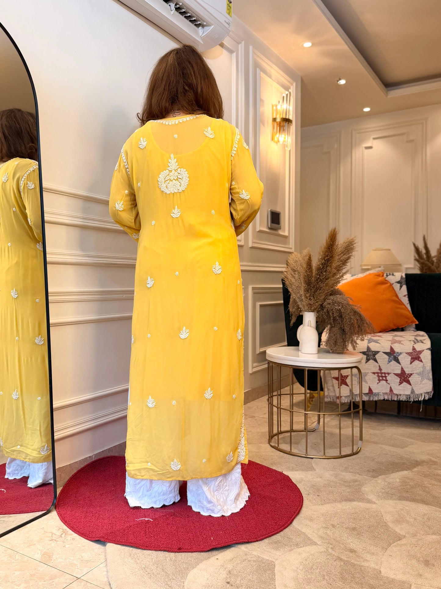 Hand Embroidered 6D Chikankari Kurta  | Premium Viscose | Mustard