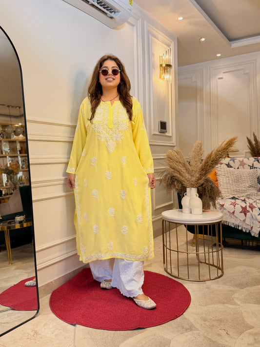 Hand Embroidered Chikankari Kurta | Modal | Yellow