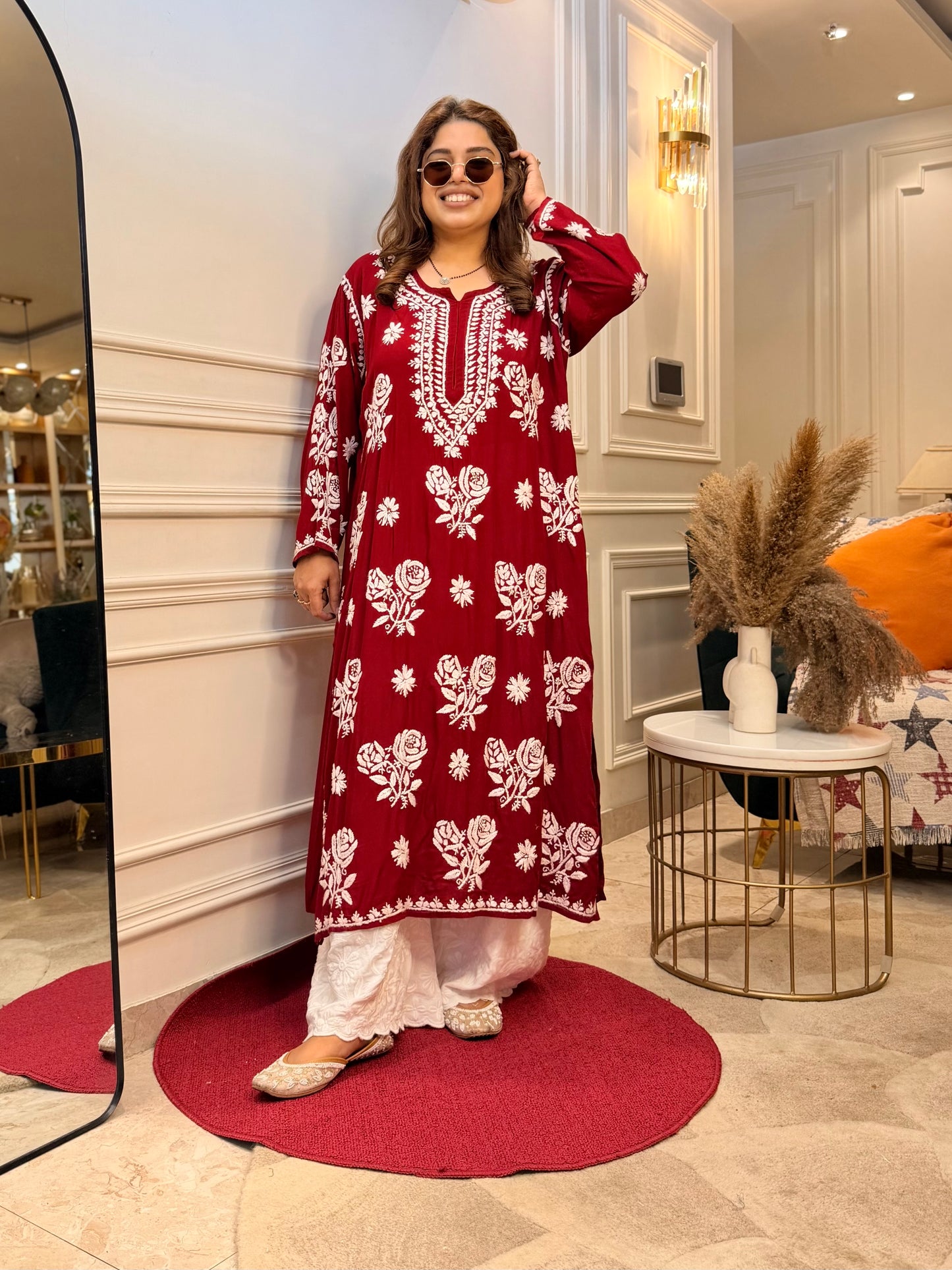 Hand Embroidered 3D Chikankari Kurta | Premium Modal | Mahroon