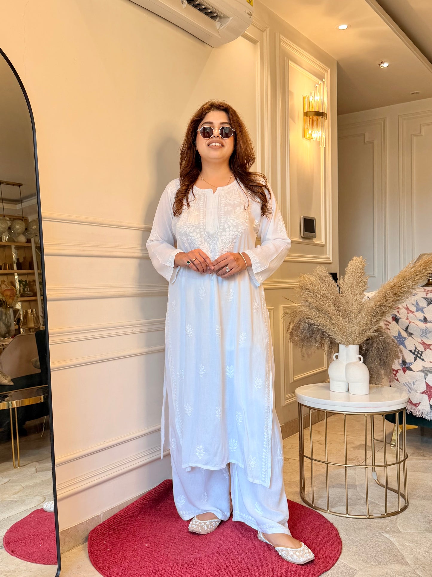 Hand Embroidered Chikankari Kurta set | Modal | white with Shimmer Detailing