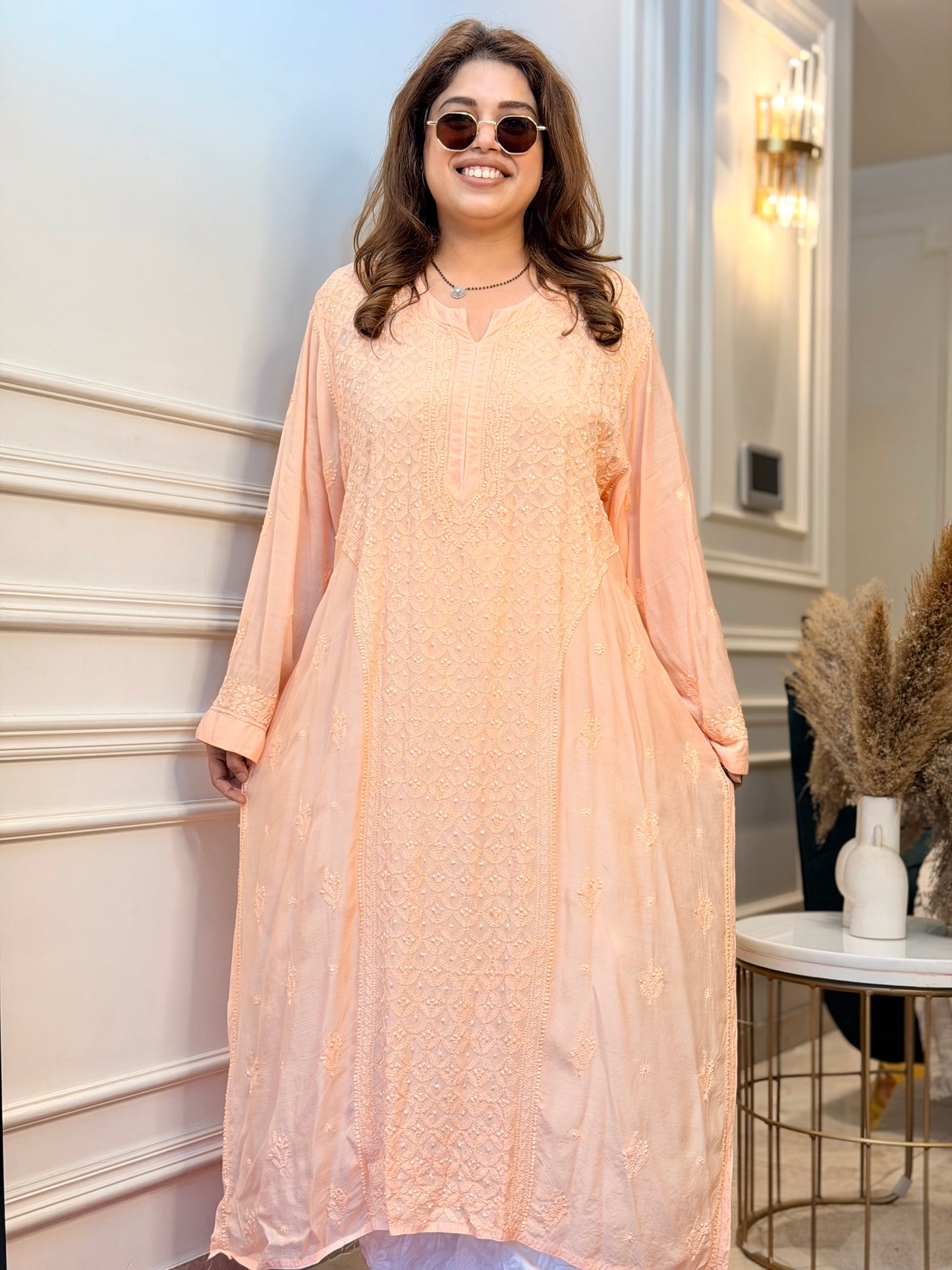 Hand Embroidered Chikankari Kurta  | Premium Muslin | Peach