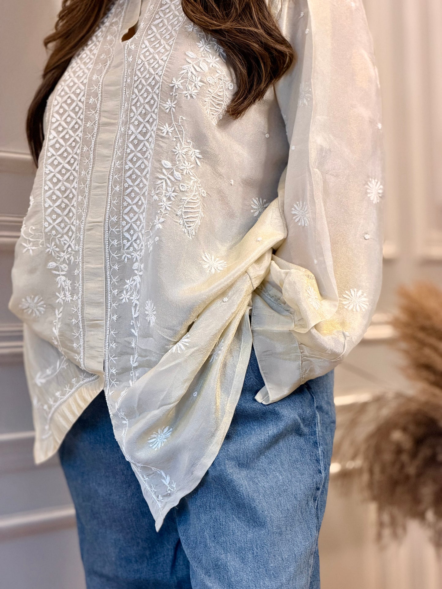 Hand Embroidered 3DChikankari Shirt | Premium Tissue | Ivory