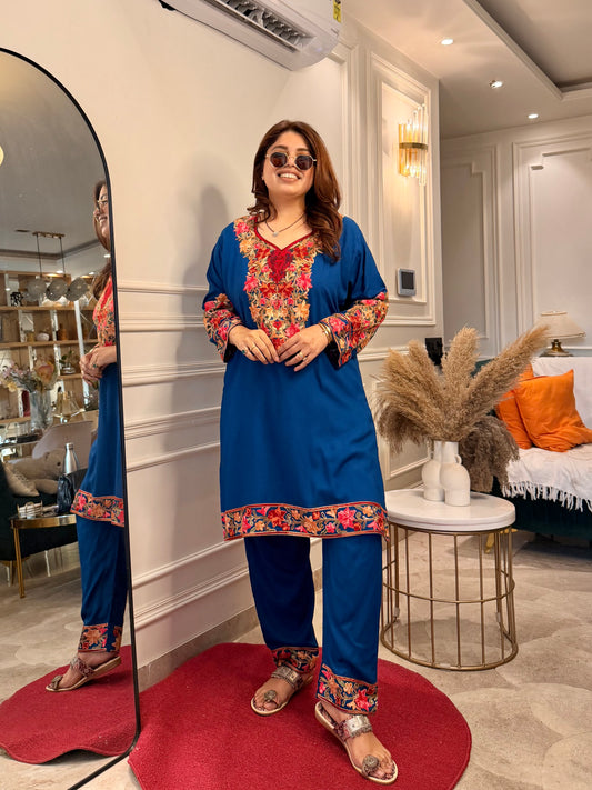 Cotton Kashmiri Emberoried Cordset-Blue colour