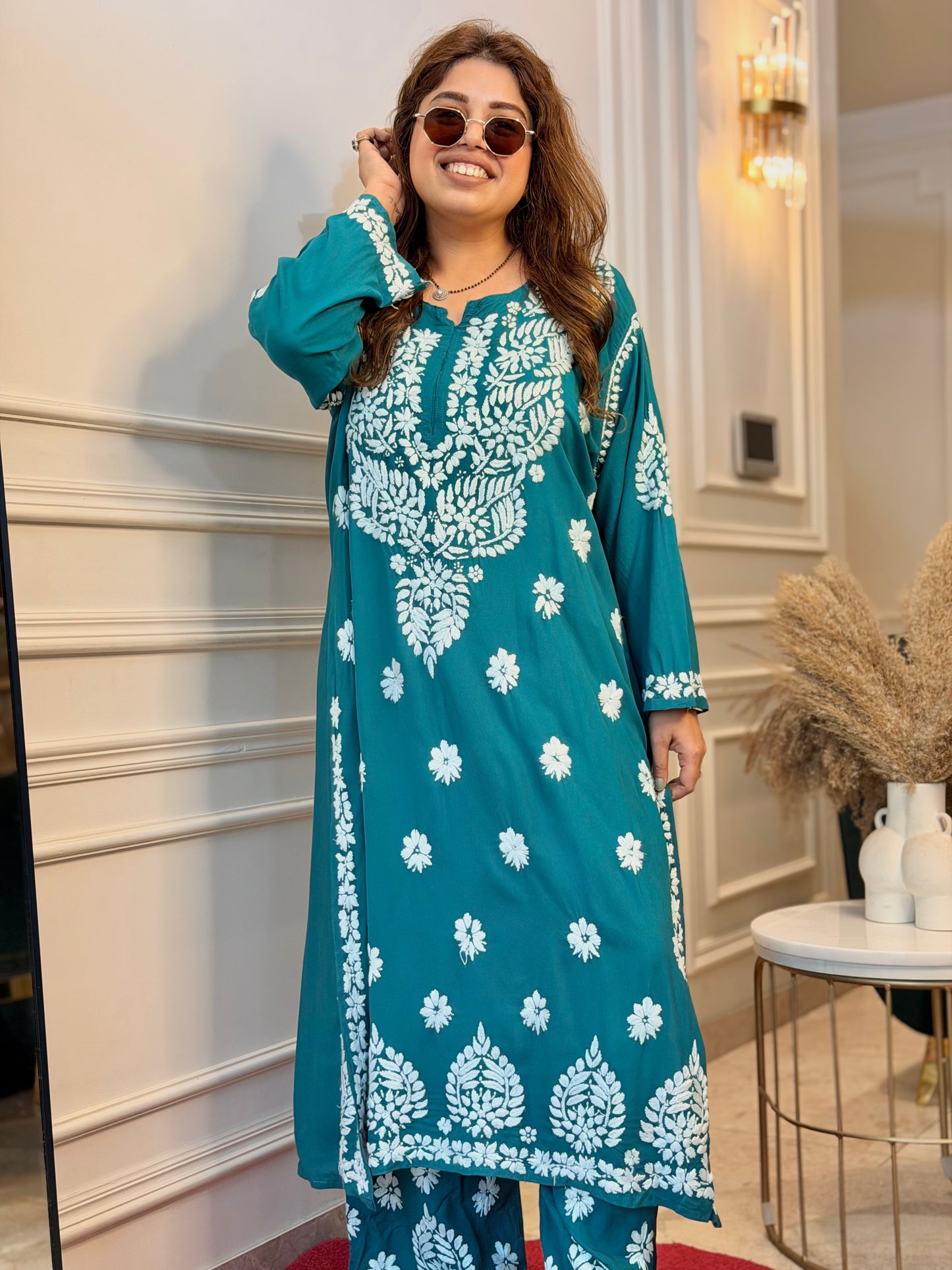 Hand Embroidered Chikankari Kurta set | Modal  | Teal